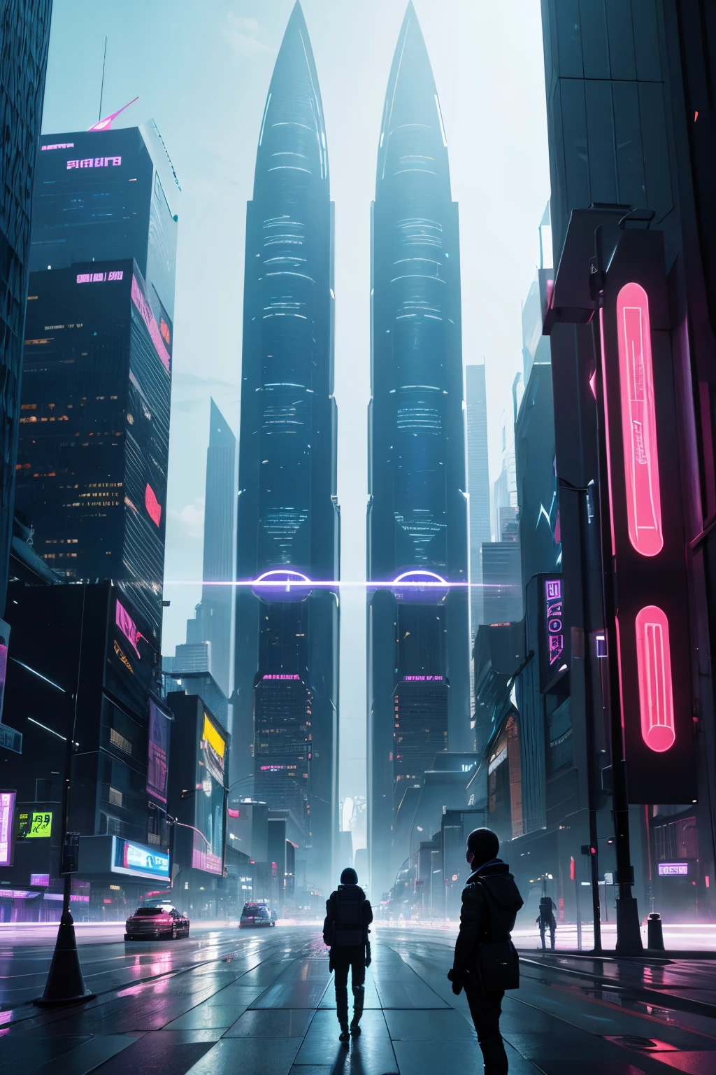 Describe a futuristic cityscape in 2050, Where futuristic skyscrapers rise up to the sky, illuminated by pulsing neon lights. The streets are lined with silent flying vehicles, enquanto hologramas flutuantes exibem publicidade interativa. Vertical gardens cover the facades of the buildings, combinando natureza e tecnologia. The sidewalks are made of self-cleaning material and change color as people pass by. Descreva os sons, smells and physical sensations of this futuristic landscape, 8k, cinematic ilumionation.