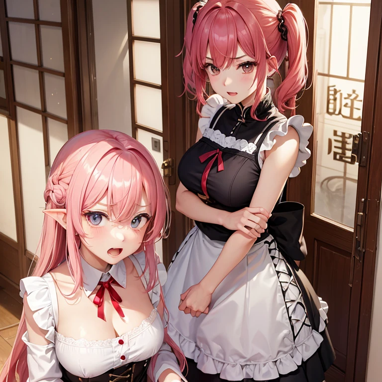 ultra-detailliert、pinkhair、 student、huge tit、Medium hair、straight haired、happen、Open your mouth wide to the maximum、 1 girl in, Maids, lineup, skirt rift, cloths, The hair, skirt by the, At the front door、sulky face、up、Close by、a closeup、1人、Face only、irritated、bright red face、Very raised eyebrows、Big open mouth、