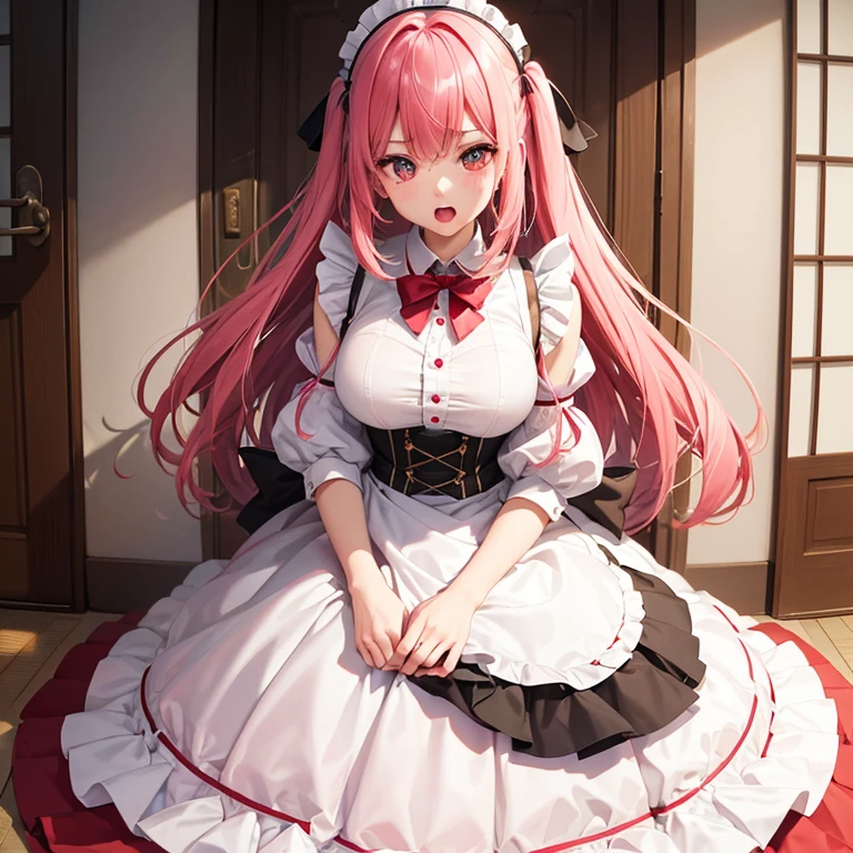 ultra-detailliert、pinkhair、15yo student、huge tit、Medium hair、straight haired、happen、Open your mouth wide to the maximum、 1 girl in, Maids, lineup, skirt rift, cloths, The hair, skirt by the, At the front door、sulky face、up、Close by、a closeup、1人、Face only、irritated、bright red face、Very raised eyebrows、Big open mouth、