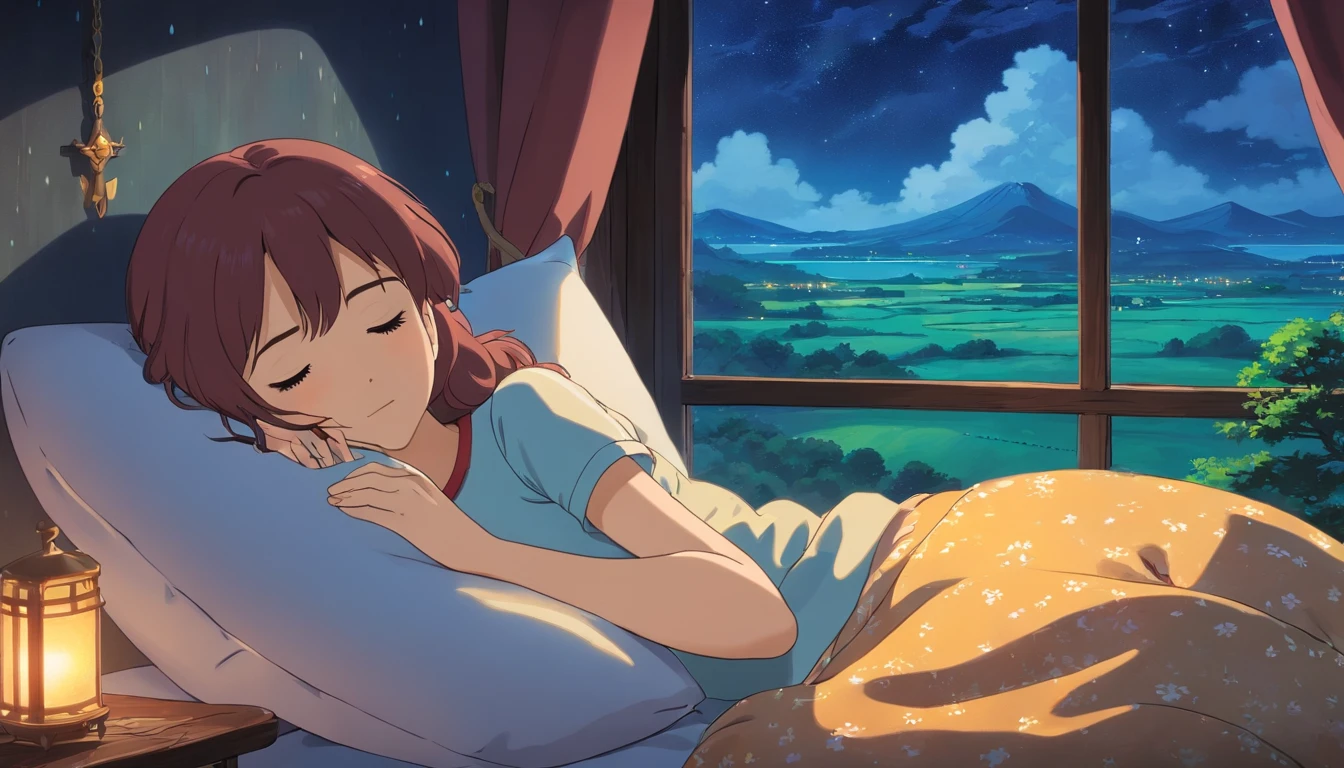 beautiful woman sleeping on a pillow ,window with beautiful landscape, night sky with rain