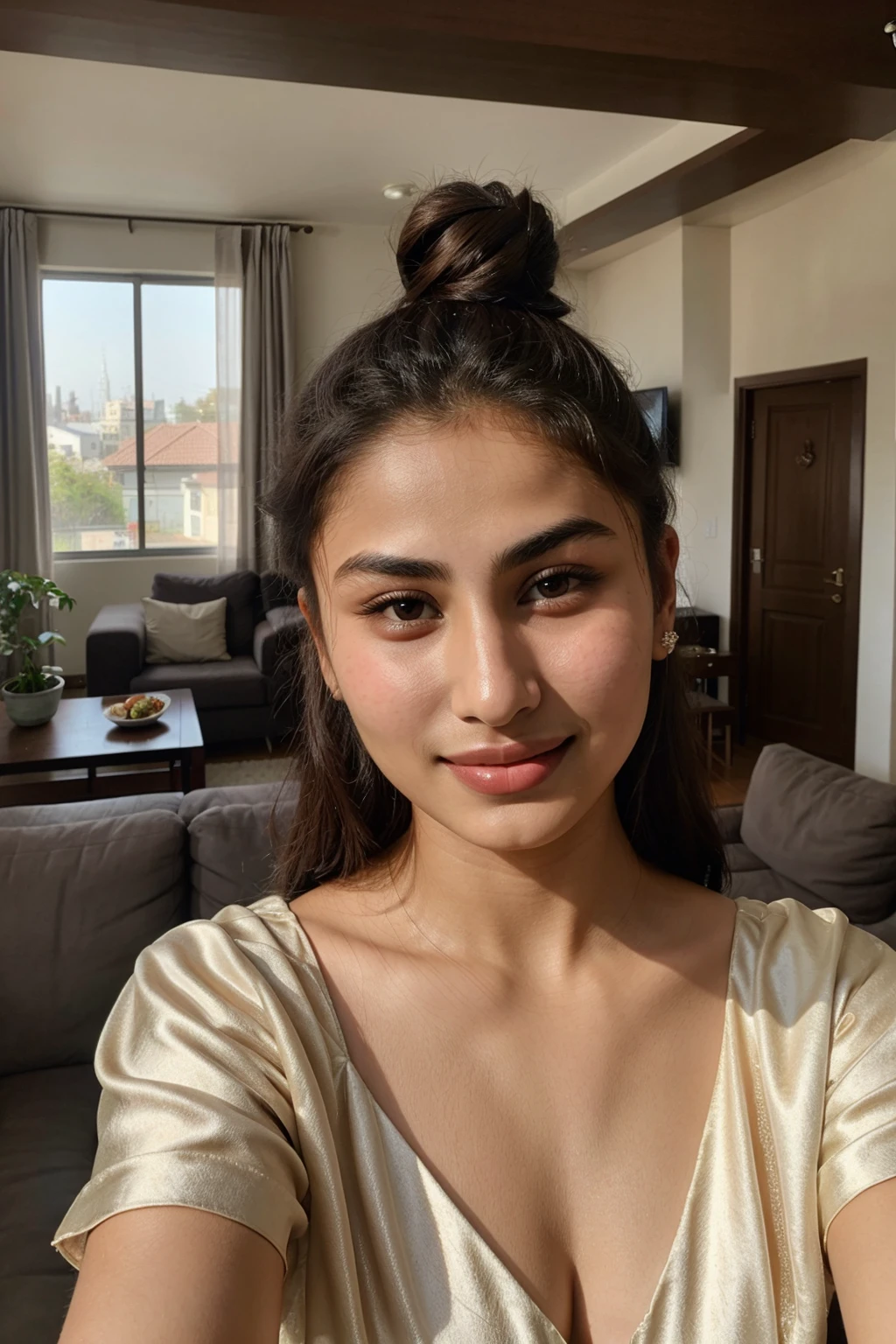  girl named mouni roy, wearing satin nightgown, face selfie taken on iphone, smile, without makeup, living room, instagram photo, sunkissed, sunlight, hair bun