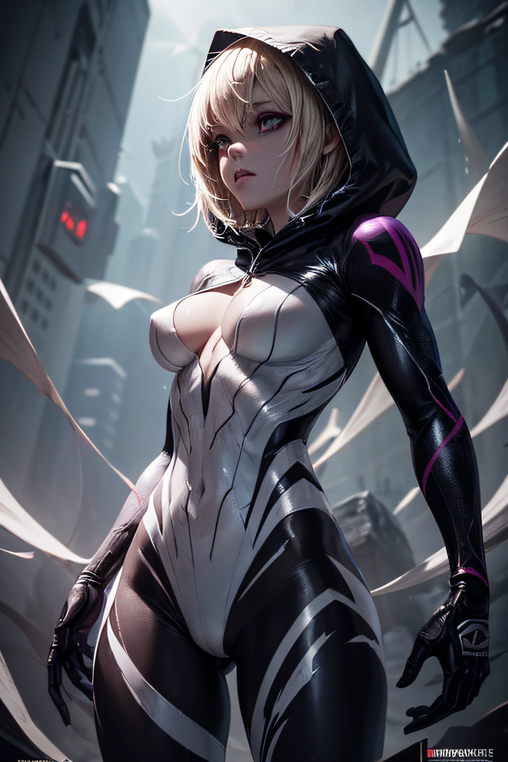 girl, blond, short hair, in spider gwen costume with hood, exposed breasts, small breasts, naked breasts, topless, vibrant appearance, creative behavior, imaginative, sensual, spontaneous, highest quality, skin texture, intricate details, (cinematic lighting), RAW photo, 8k