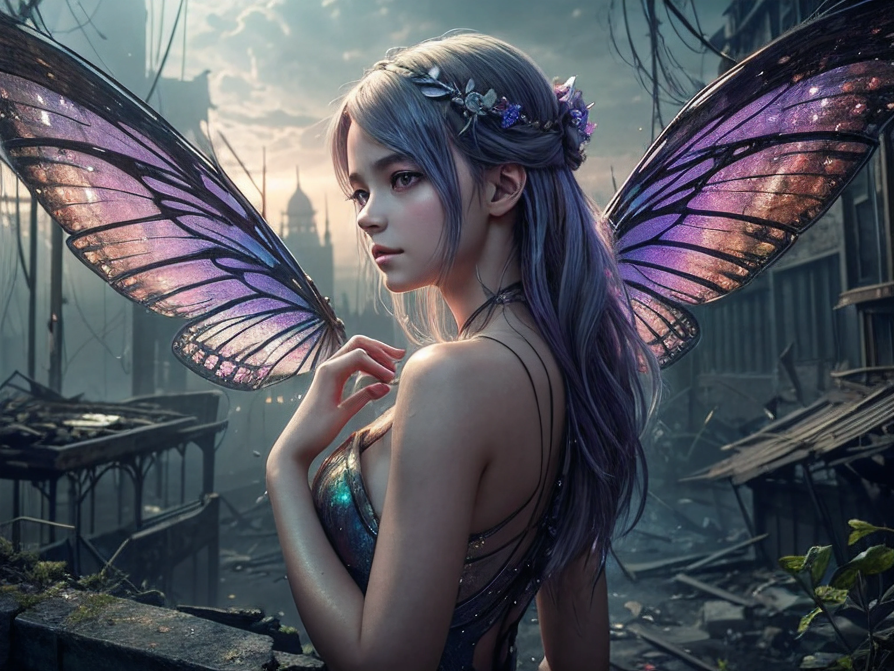 Beautiful alluring face, nice skin In a desolately polluted world, a fairylike pixie roams, her delicate figure and luminous wings contrasting against the grime and destruction surrounding her. This captivating image, portrayed in a stunning digital painting, effortlessly captures the essence of a dystopian anime. The pixie's iridescent wings shimmer with vibrant hues, reflecting the remnants of nature's beauty amidst urban decay. Her wide, sorrowful eyes radiate a haunting glow, a symbol of the innocence lost in this dark reality. Expertly rendered details showcase every fragile yet resilient strand of her ethereal hair, as it glimmers softly in the dim light. The artwork seamlessly intertwines elements of fantasy and despair, drawing viewers into the bittersweet tale of a world desperately longing for enchantment amidst its ruins.