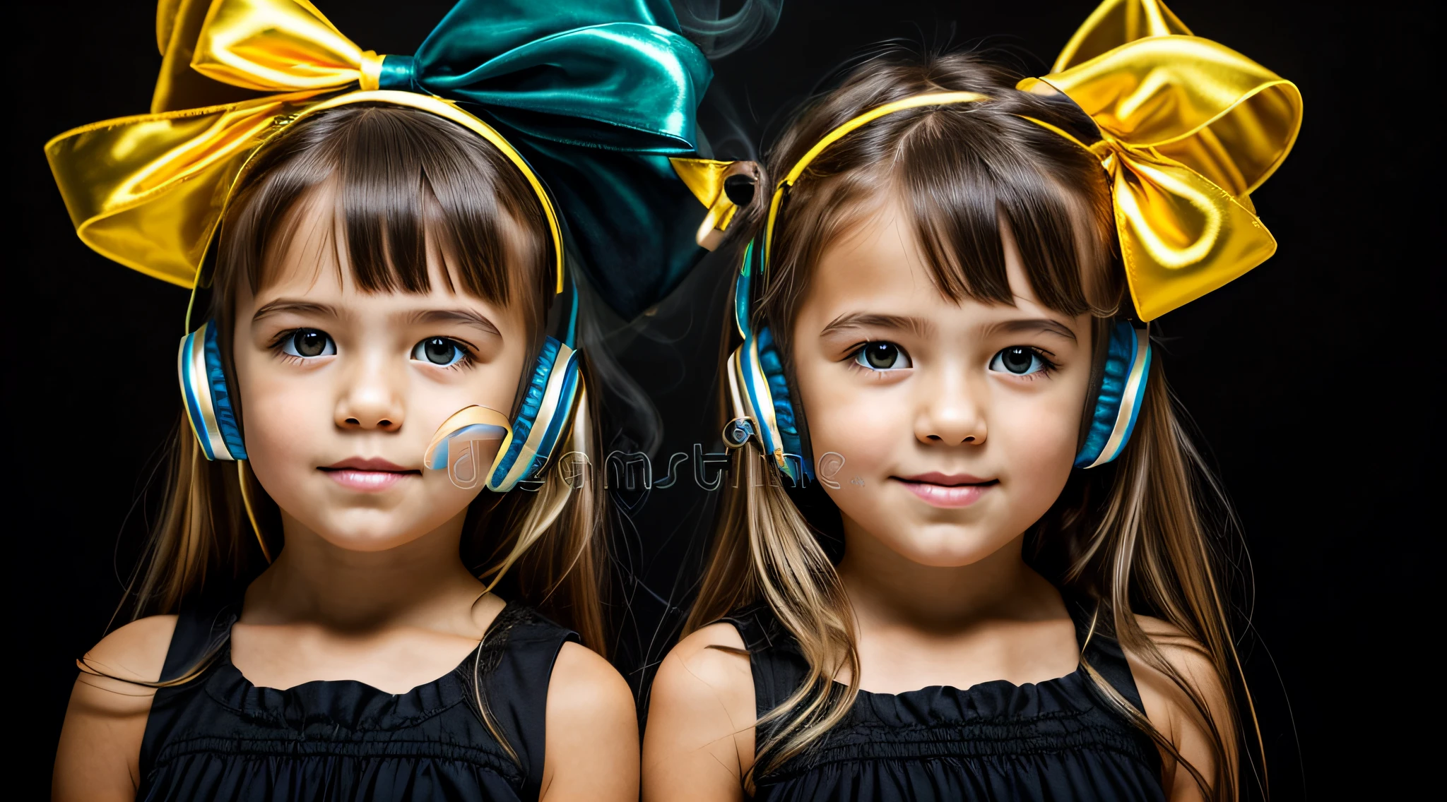 two girls with bows on their heads and one wearing a BLACK dress, HEADPHONES FIRE AND FIRE. gemini twins portrait, beautiful gemini twins, foto de retrato em close-up, childrens, meninas fofas, childrens, Looks doces, Beautiful girls, Gorgeous features, dois penteados pigtails, Retrato CloseUp, twins, Duas meninas, garotada, lindo bonito, faixa de cabelo AMARELO,