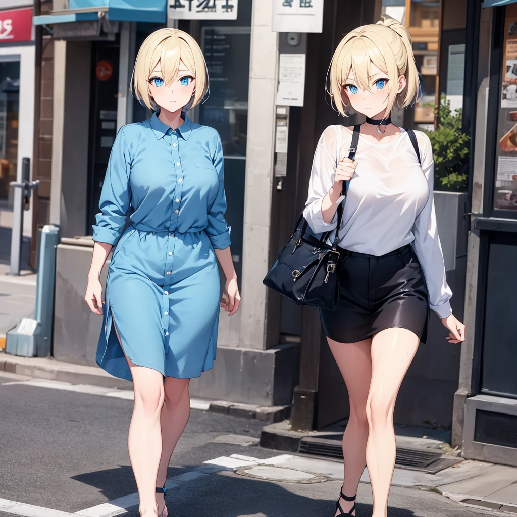 2D Anime Style、Blue eyes、Beautiful eyes, (Talented lo-fi:1.3)breasts are slightly larger、A cool adult woman with short blonde hair and a cool expression,Walking around town in fashion that shows your stomach,The streets are European
