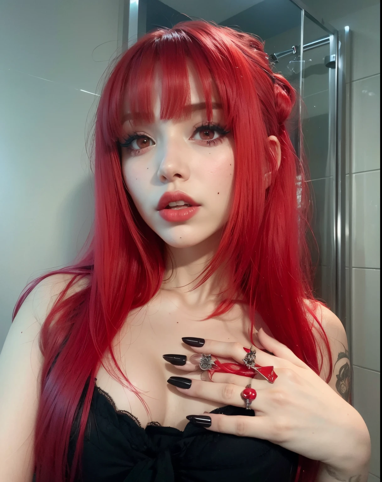 Mujer arafed con pelo rojo y vestido negro sosteniendo un cuchillo., red tinted hair, crimson red hair and red eyes, con el pelo rojo, Hermosa Delphine, con el pelo largo y rojo, cabello rojo brillante, Lilith, lentes de contacto rojas, Contactos rojos, goth girl aesthetic, cabello negro y rojo, gothic horror vibes, Estrella de muerte, Cabello rojo vibrante