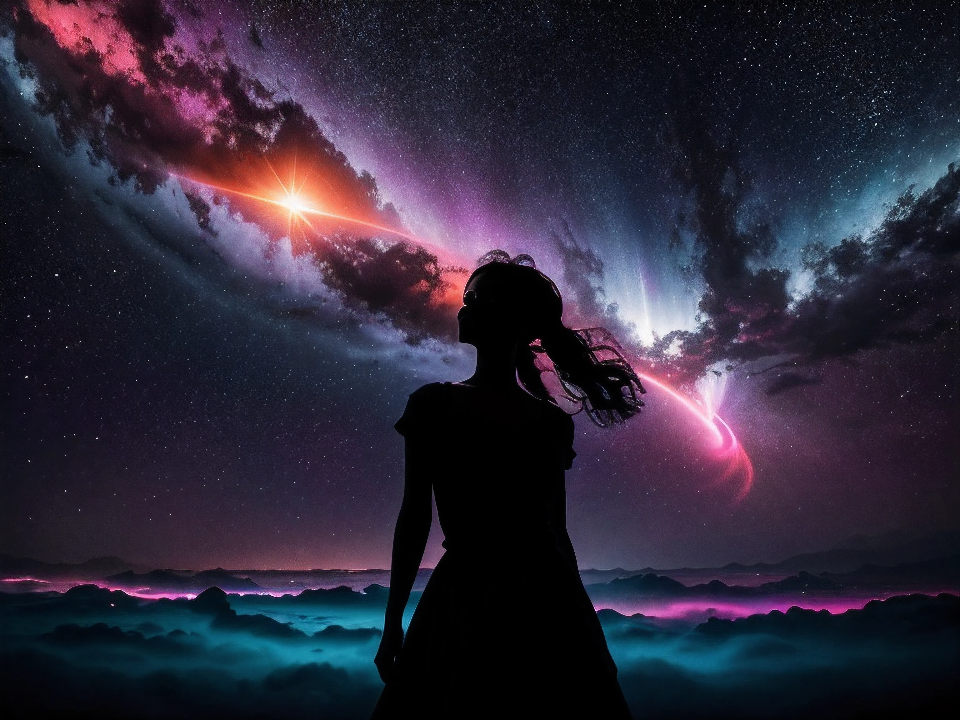 A silhouette of a girl wearing decent dress, In a mesmerizing display of cosmic clouds , a hypnotic holographic solar flare erupts with vibrant colors against the stark backdrop of an inky black sky. This high contrast, high key photograph captures the surreal beauty of the celestial phenomenon as it casts a spellbinding radiance. The image, with its impeccable clarity and impeccable detailing, immerses viewers in the otherworldly spectacle, evoking a sense of awe and wonder. 8K. 16 K. Art at finest.