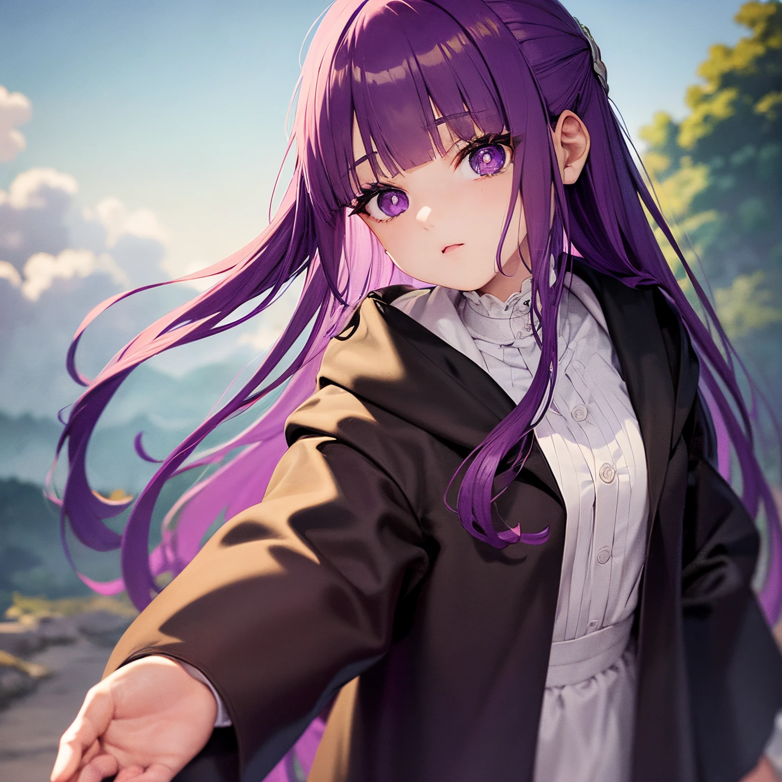 ((tmasterpiece，Best Quality)), Funeral Freelen, distant, 1girll, purple color  hair, 独奏, Ultra-detailed eyes, Longhaire, side locks, a purple eye, hair adornments, Hood down, white  shirt,jaket, Open your clothes, Centerpiece,with blue sky and white clouds