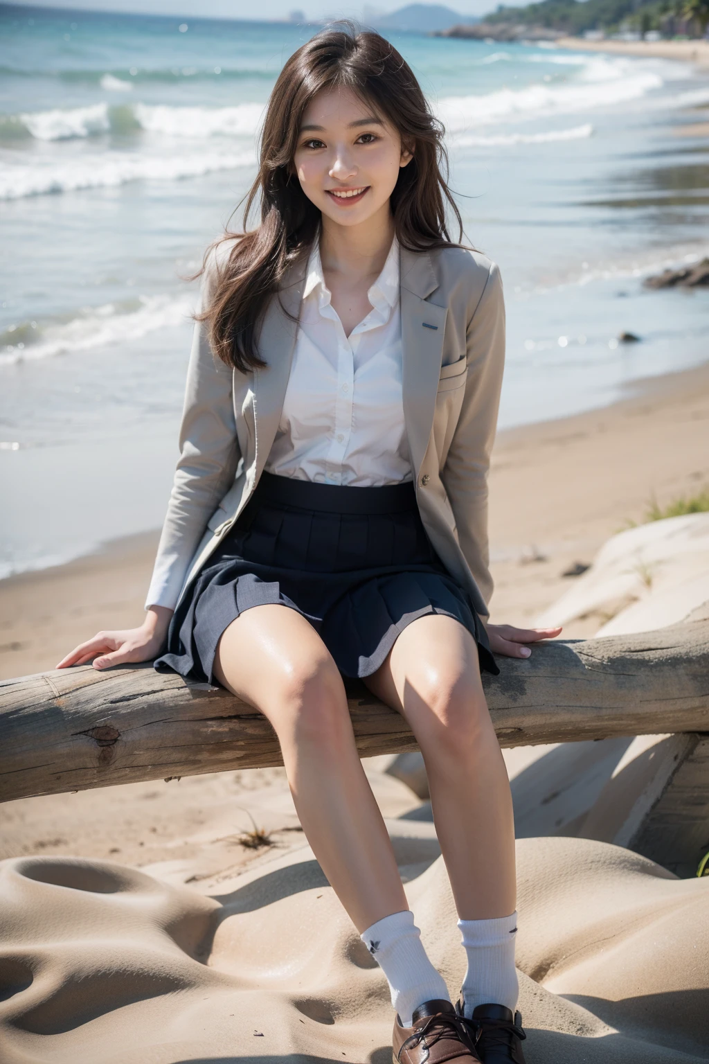 sitting, (skirt lift), (8k, RAW photo, best quality, masterpiece:1.2), (realistic, photo-realistic:1.4), (extremely detailed 8k wallpaper), smile, round face, on beach, school uniform, blazer, school, dark blue skirt, short skirt, (small breastst:1.2)
