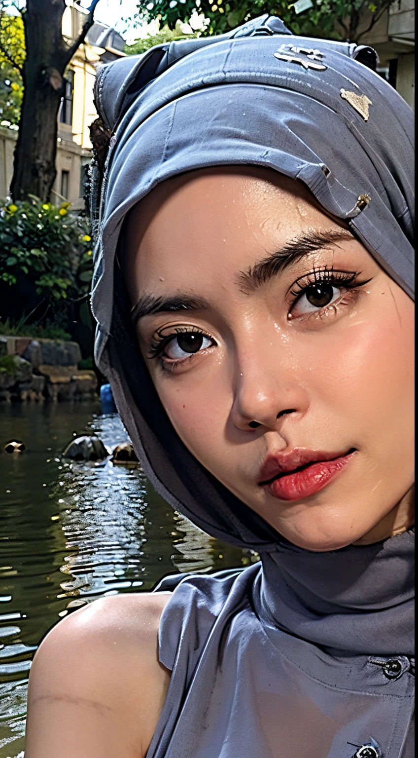 (2 young malay girls:1.3), malay face,(Naked:1.3), (hijab:1.4), Beautiful breasts, (Details of a very beautiful face), wear pastel color hijab, detail skin texture, (Best Quality:1.4), 8K resolution, High resolution, (Photorealistic, High resolution:1.4), Raw photo, (Realistic, Photorealsitic:1.37), Gloss on lips, Parted lips, Staring at me, Nose, Realistic, the woods, cinematic lighting, taking bath in river, wet body, wet face,