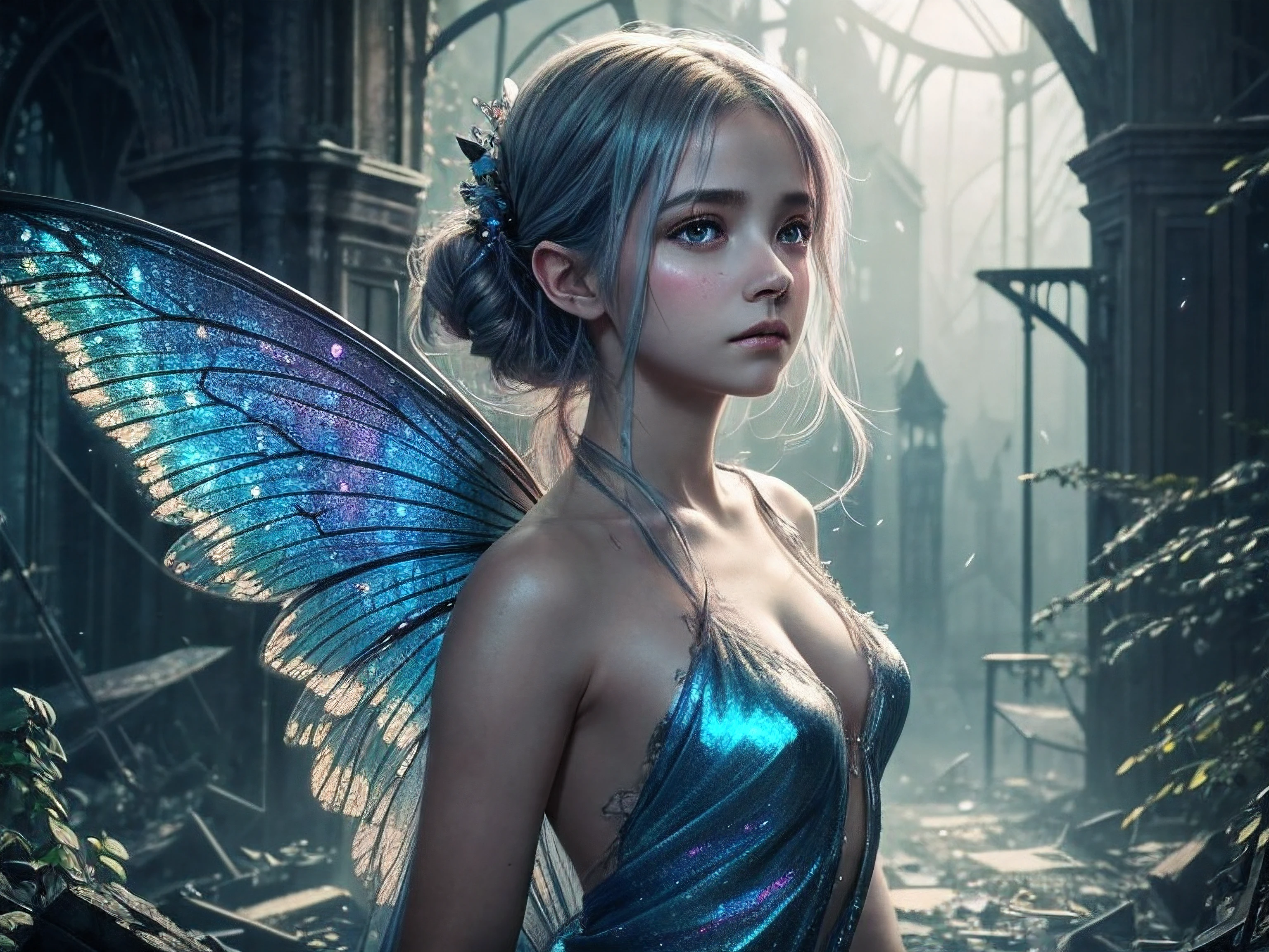In a desolately polluted world, a fairylike pixie roams, her delicate figure and luminous wings contrasting against the grime and destruction surrounding her. This captivating image, portrayed in a stunning digital painting, effortlessly captures the essence of a dystopian anime. The pixie's iridescent wings shimmer with vibrant hues, reflecting the remnants of nature's beauty amidst urban decay. Her wide, sorrowful eyes radiate a haunting glow, a symbol of the innocence lost in this dark reality. Expertly rendered details showcase every fragile yet resilient strand of her ethereal hair, as it glimmers softly in the dim light. The artwork seamlessly intertwines elements of fantasy and despair, drawing viewers into the bittersweet tale of a world desperately longing for enchantment amidst its ruins.