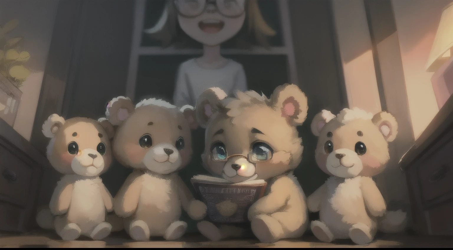 Create an illustration of a with glasses, holding a book and surrounded by stuffed animals.