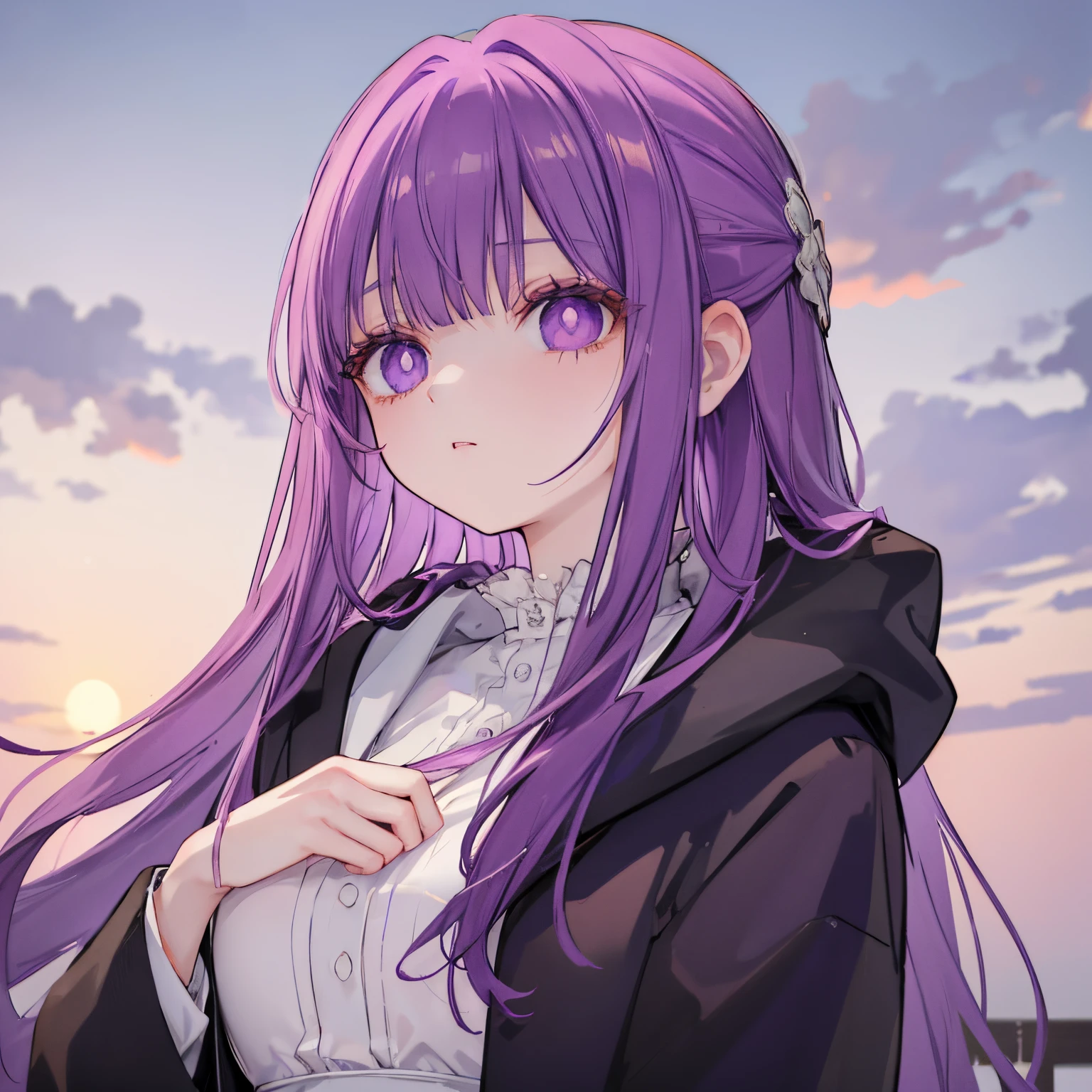 ((tmasterpiece，Best Quality)), Funeral Freelen, distant, 1girll, purple color  hair, 独奏, Ultra-detailed eyes, Longhaire, side locks, a purple eye, hair adornments, Hood down, white  shirt,jaket, Open your clothes, Centerpiece,with blue sky and white clouds