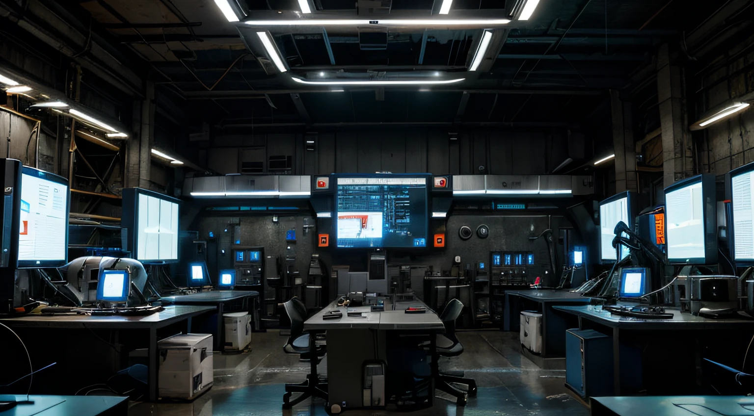 futuristic high tech lab located in an abondoned warehouse, electronic gadgets, advanced computer systems, robotic arms, lights flashing, large computer screens and monitors