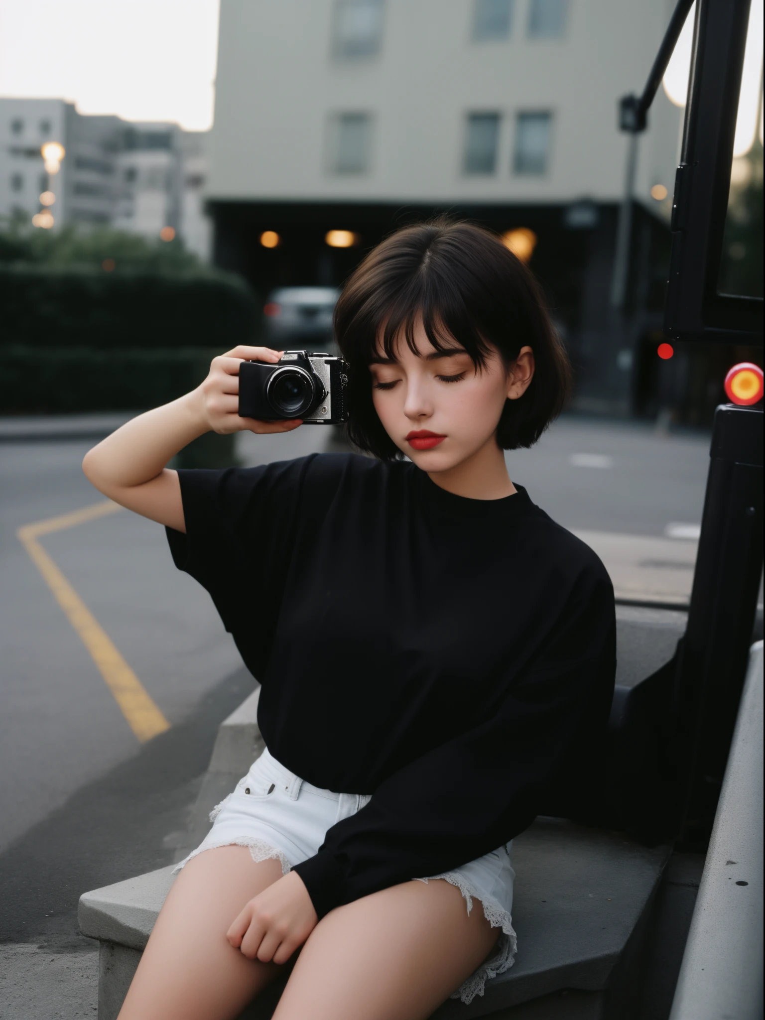 correct hand,tmasterpiece, RAW photos, film photo, nigth,Streets,flash lights,Close your eyes slightly,bust, Flash photos from the 90s, 1, beuaty girl, sin front of camera,Short hair details, black shirt,