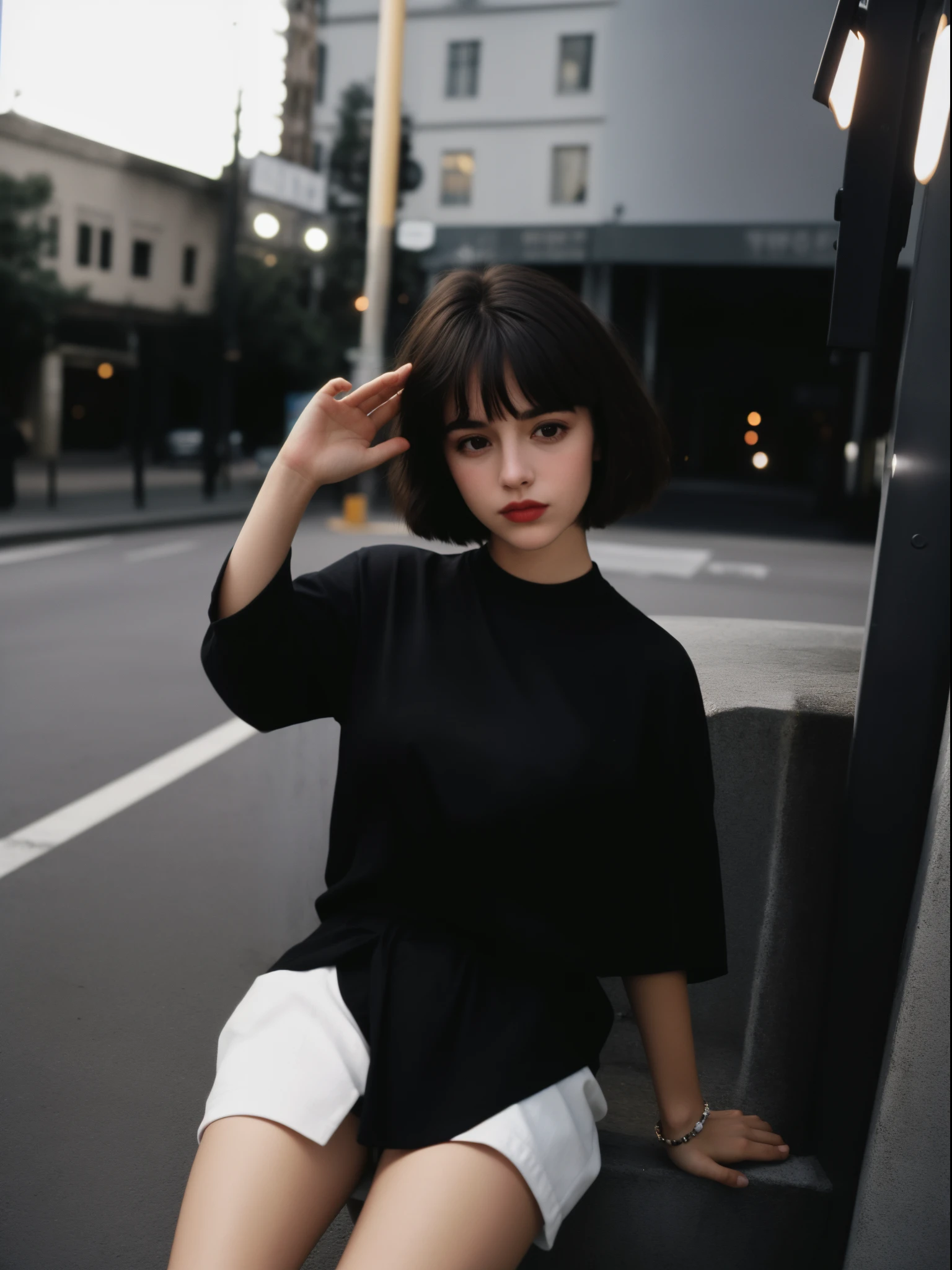 correct hand,tmasterpiece, RAW photos, film photo, nigth,Streets,flash lights,Close your eyes slightly,bust, Flash photos from the 90s, 1, beuaty girl, sin front of camera,Short hair details, black shirt,
