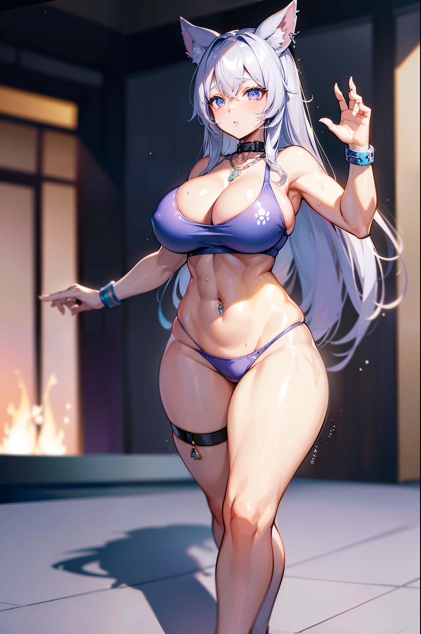 ((((sfw)))), uploaded the e621, beautiful and detailed,woman (((female))) ((anthro)) hyena, Ross Tran, by ruan jia, by zaush, by foxovh, lighting cinematic, seductor, hyena, thighighs, (huge chest), full body view, (anthro, fluffy fur, character focus:1.1), 1girl, anthro dog girl, body fur, solo, medium breasts, (thick thighs), curvy, fitness gym、Wet and light fitness wear and leggings、Navel Ejection、Standing backwards with both hands on the wall、poneyTail、blue hairs、Silver necklace、wristbands、Colossal tits、perspiring、abdominals、belly button piercing