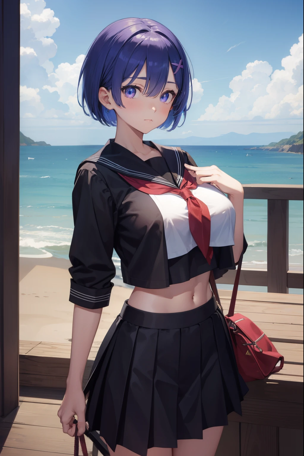 Rem, short hair, parted bangs, (purple eyes:1.1), blue hair, (large breast:1.2)
BREAKblack sailor collar, black serafuku, black shirt, black skirt, crop top, crop top overhang, long skirt, navel, neckerchief, rope, sailor collar, school uniform, serafuku, shirt, short sleeves, skirt, thighs, underboob,
BREAK outdoors, beach,
BREAK looking at viewer,
BREAK (masterpiece:1.2), best quality, high resolution, unity 8k wallpaper, (illustration:0.8), (beautiful detailed eyes:1.6), extremely detailed face, perfect lighting, extremely detailed CG, (perfect hands, perfect anatomy),
