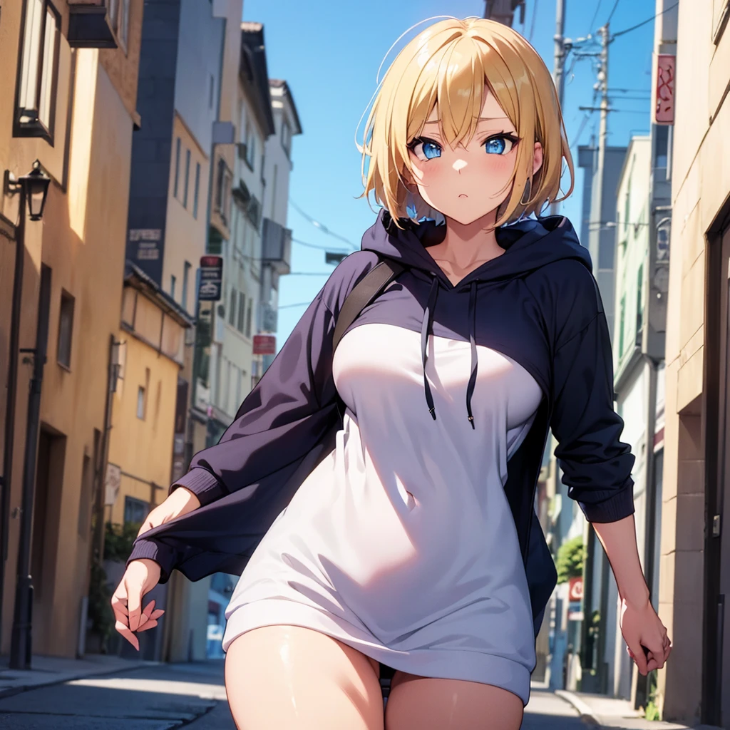 2D Anime Style、Blue eyes、Beautiful eyes, (Talented lo-fi:1.3)breasts are slightly larger、A cool adult woman with short blonde hair and a cool expression is walking around town wearing an oversized hoodie like a dress.........,