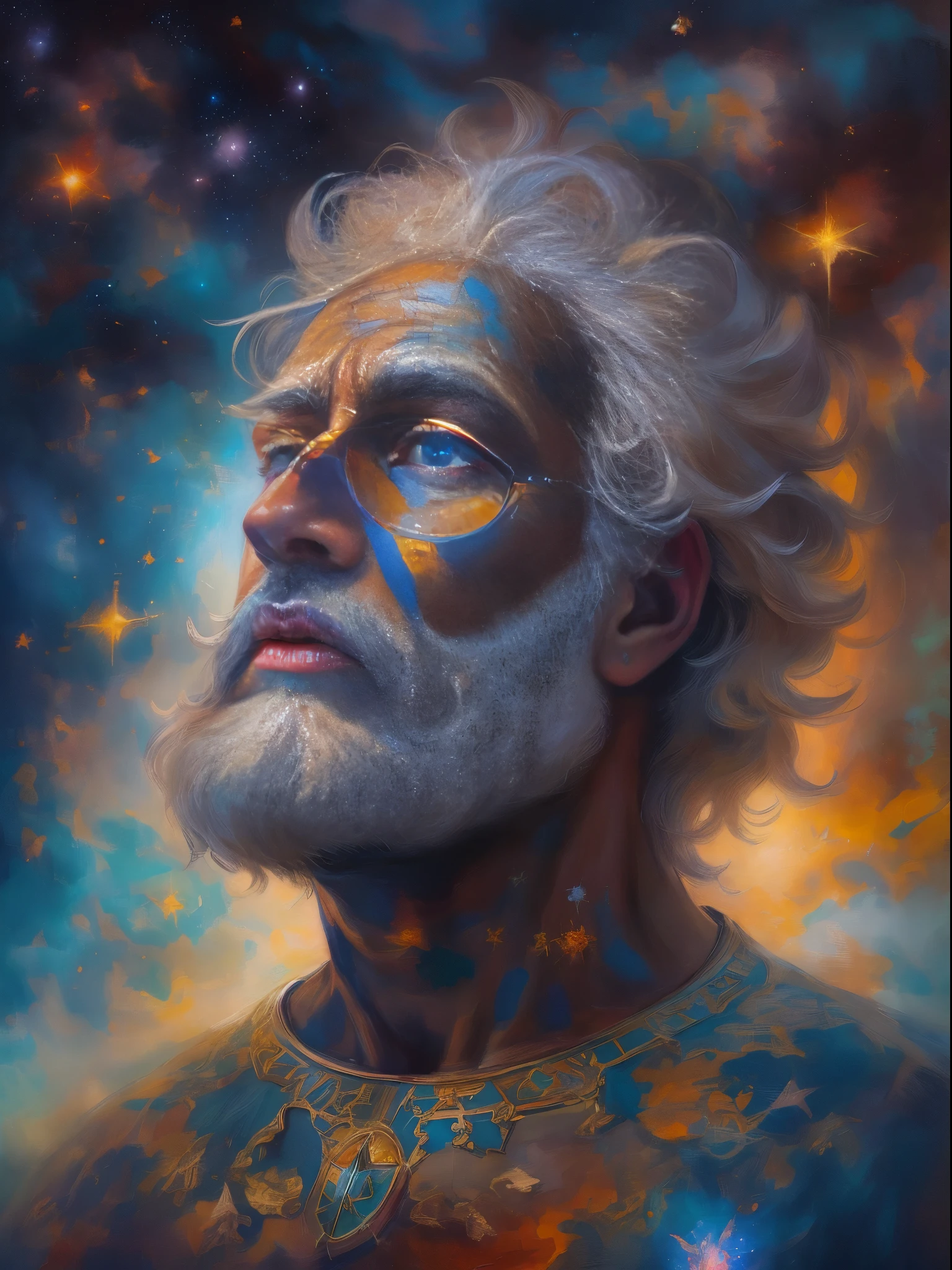 (Best quality at best,4K,8K,A high resolution,tmasterpiece:1.2),ultra - detailed,Cosmic Entity Portrait,cosmic god statue,Fantasy painting,oh oh, Oooooh, oh oh oh, Oh, God's face,an abstract spiritual background,centered portrait,old man with beard in ancient times,Deep Dream Universe,Strange portrait with the Milky Way,image of god in sky,his thoughts on eternity,metaphysical painting