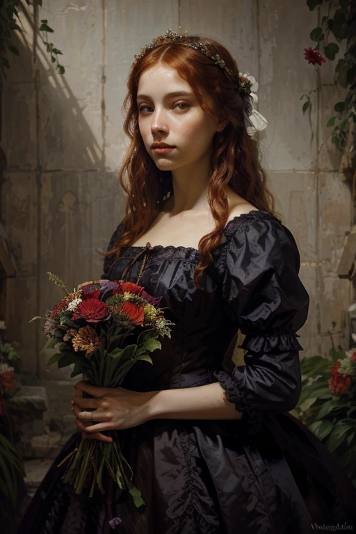 beautiful woman with red hair and a purple dress holding a bouquet of flowers in her hands, Fine Arts Portrait Photography, In the style of the High Renaissance, inspired by Floris van Dyck, inspired by Edward Robert Hughes, in a renaissance style, Pre-Raphaelite style, inspired by Konstantin Vasilyev, based on Pierre-Auguste Cot, Portrait of the Renaissance, Romanticism Portrait