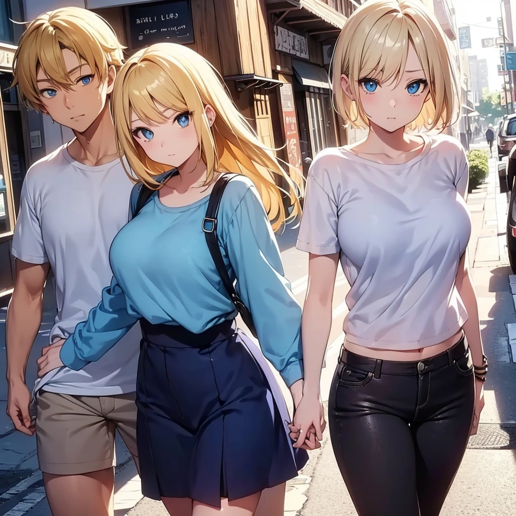 2D Anime Style、Blue eyes、Beautiful eyes, (Talented lo-fi:1.3)breasts are slightly larger、A cool adult woman with short blonde hair and a cool expression,Arm in arm,Walking around town in casual fashion........,