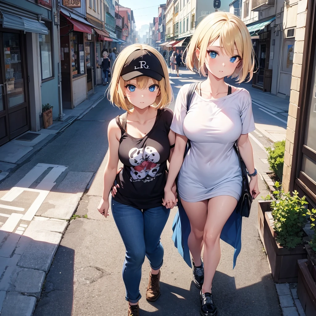 2D Anime Style、Blue eyes、Beautiful eyes, (Talented lo-fi:1.3)breasts are slightly larger、A cool adult woman with short blonde hair and a cool expression,Arm in arm,Walking around town in casual fashion........,