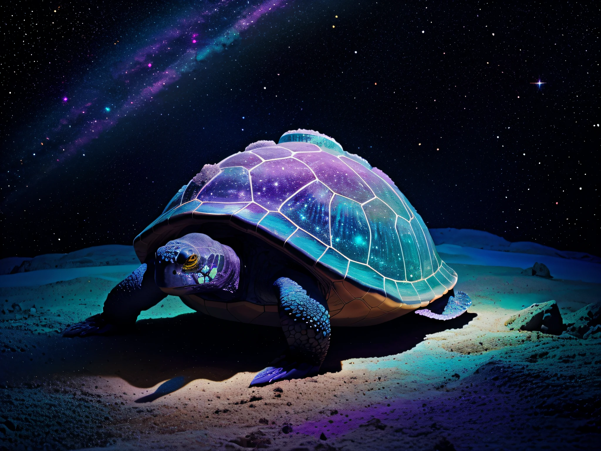 The turtle&#39;s shell is covered with sharp edges of neon crystals, turtle glows with neon light, turtle in space against the backdrop of outer space with galaxies and stars, neon traces and lights, Fantastic, mysteriously, mystically