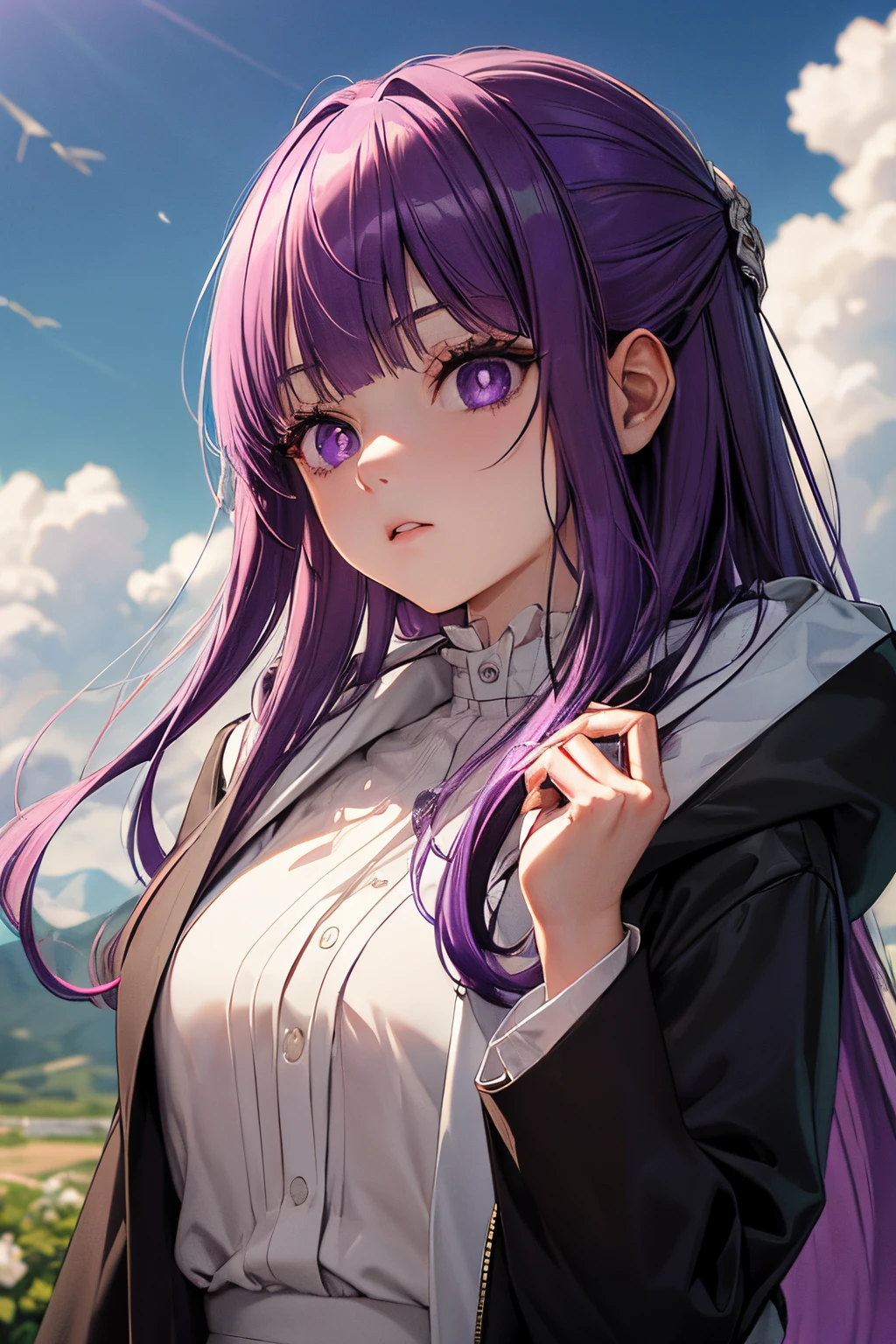 ((tmasterpiece，Best Quality)), Funeral Freelen, distant, 1girll, purple color  hair, 独奏, Ultra-detailed eyes, Longhaire, side locks, a purple eye, hair adornments, Hood down, white  shirt,jaket, Open your clothes, Centerpiece,with blue sky and white clouds