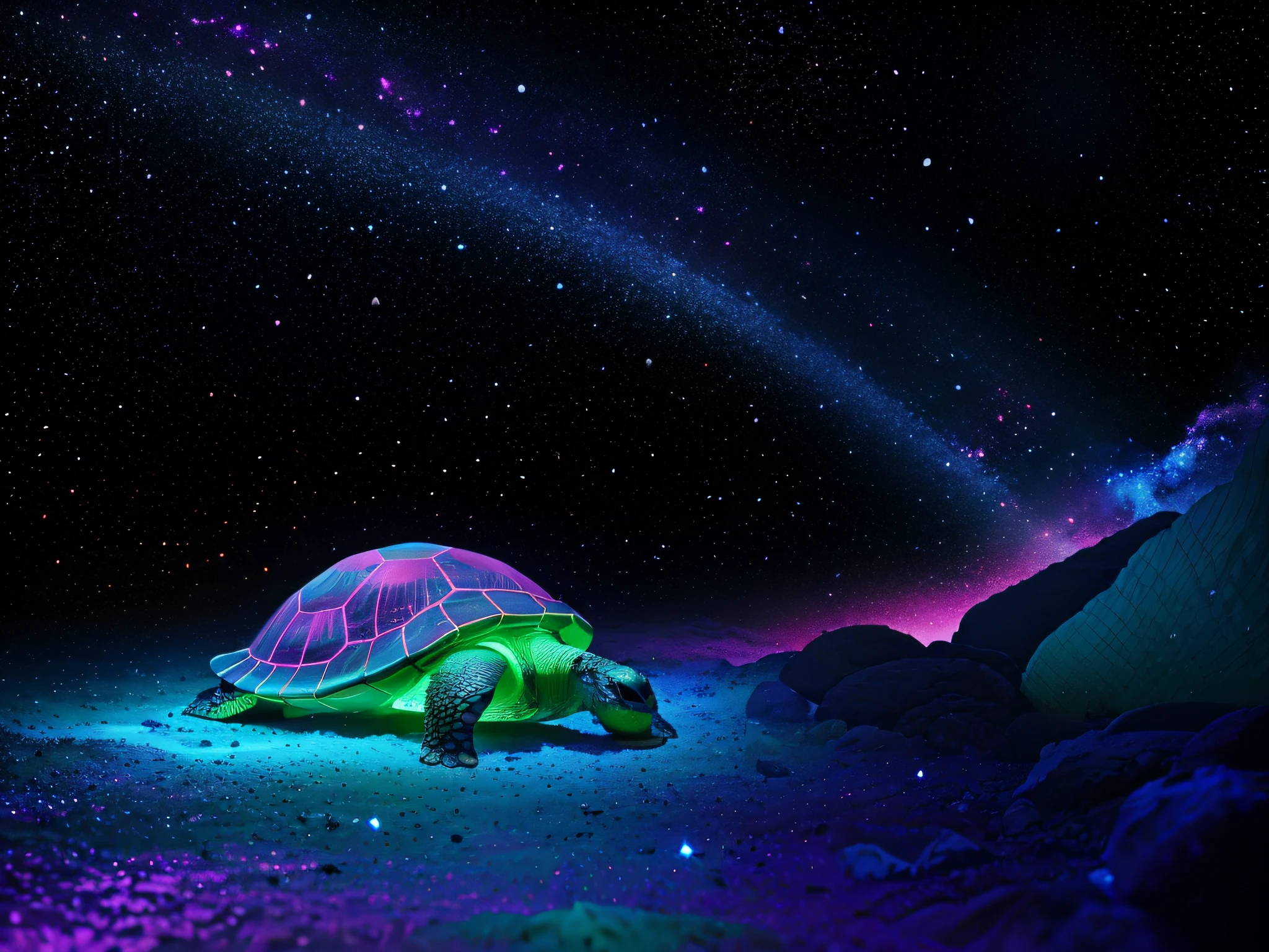 The turtle&#39;s shell is covered with sharp edges of neon crystals, turtle glows with neon light, turtle in space against the backdrop of outer space with galaxies and stars, neon traces and lights, Fantastic, mysteriously, mystically