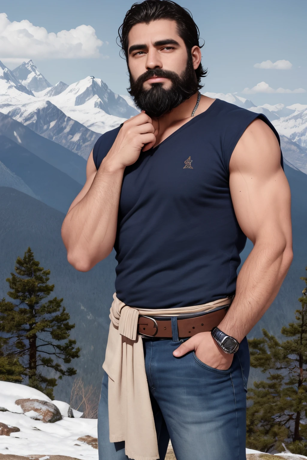 An illustration of a Greek god with a muscular build and a thick beard............., designed in modern western attire............. Tiene una camisa blanca y jeans............. His expression is confident and charming............., con un atisbo de sonrisa. The setting is a snowy mountain............, evoking a classic cold atmosphere, sin dejar de mantener el aura poderosa y regia del dios.