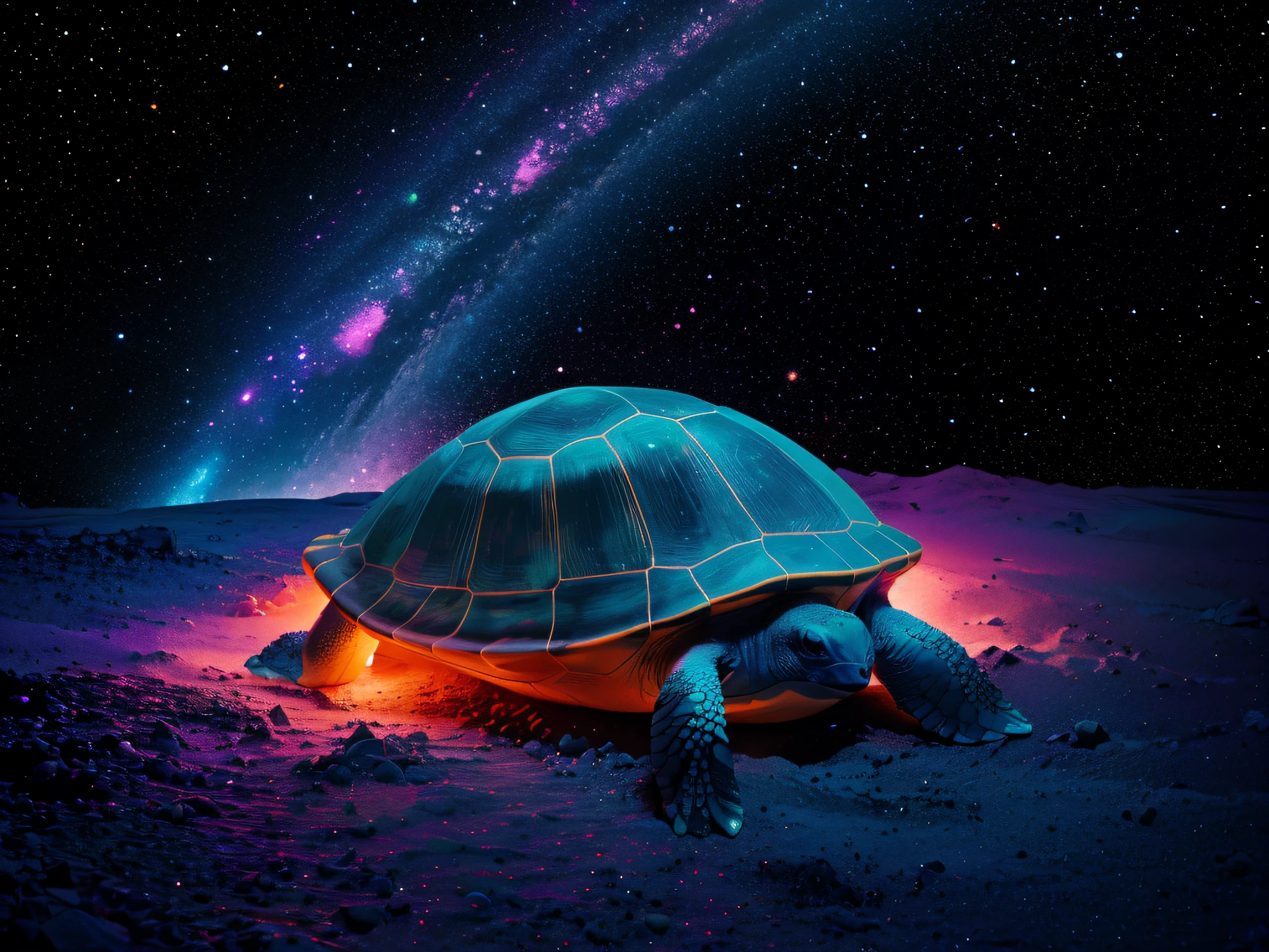 The turtle&#39;s shell is covered with sharp edges of neon crystals, turtle glows with neon light, turtle in space against the backdrop of outer space with galaxies and stars, neon traces and lights, Fantastic, mysteriously, mystically