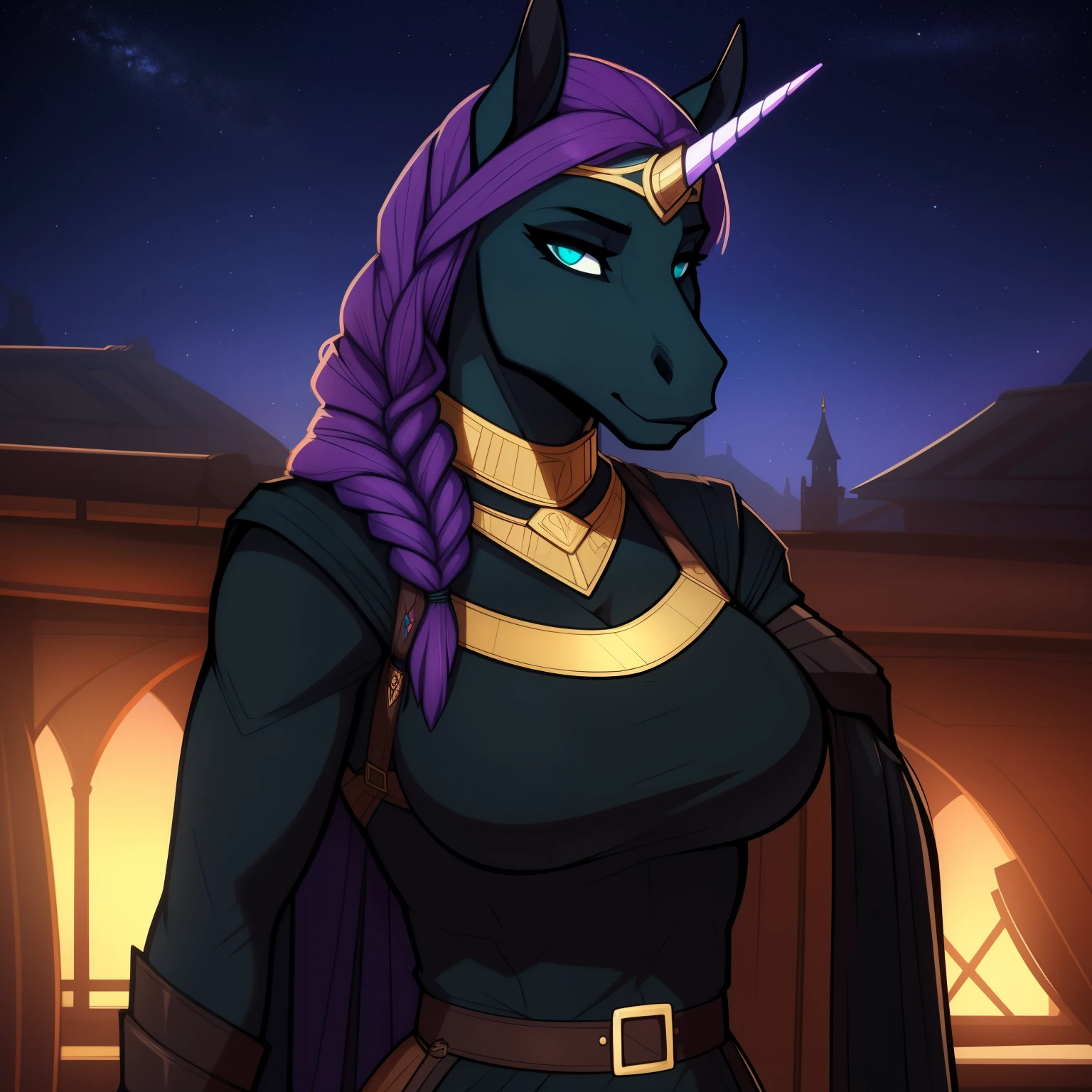 Tall_lanky_muscular_unicorn female dark_purple_hair wavy_braided_hair black_furry_body teal_eyes slit_pupils solo Masterpiece best_quality absurdres highly_detailed medieval_gown gorget circlet bracers cleanly_drawn_eyes purple_eyeshadow starry_sky stars_in_hair horse_snout anthro_only by_claweddrip, by_greasymojo, by_underscore-b, by_runawaystride