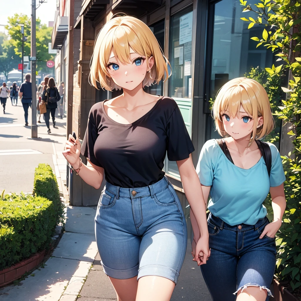 2D Anime Style、Blue eyes、Beautiful eyes, (Talented lo-fi:1.3)breasts are slightly larger、A cool adult woman with short blonde hair and a cool expression,Arm in arm,Walking around town in casual fashion........,