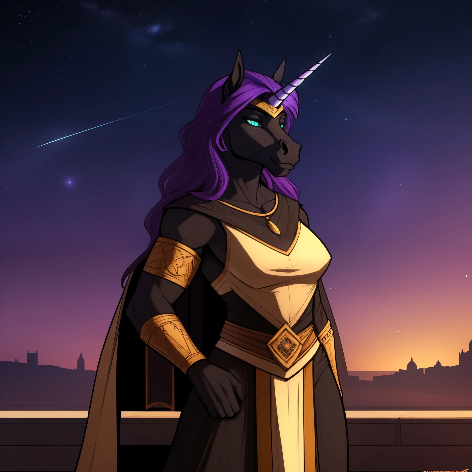 Tall_lanky_muscular_unicorn female dark_purple_hair wavy_hair black_furry_body teal_eyes slit_pupils solo Masterpiece best_quality absurdres highly_detailed medieval_gown gorget circlet bracers cleanly_drawn_eyes purple_eyeshadow starry_sky stars_in_hair horse_snout anthro_only by_claweddrip, by_greasymojo, by_underscore-b, by_runawaystride