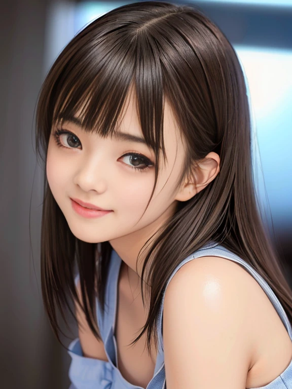 one girl、smile:0.1、pretty girl、brown hair、baby face、young、delicate girl、Upper body、small breasts、Unreasonable precision、Super detailed、camisole、completely flat、Honesty、thin arms, professional lighting, film grain, chromatic aberration, (Eye and face details:1.0), (Bokeh:1.1)、school swimwear)))、software:1.5)))、 highest quality, 8K, 14 years,