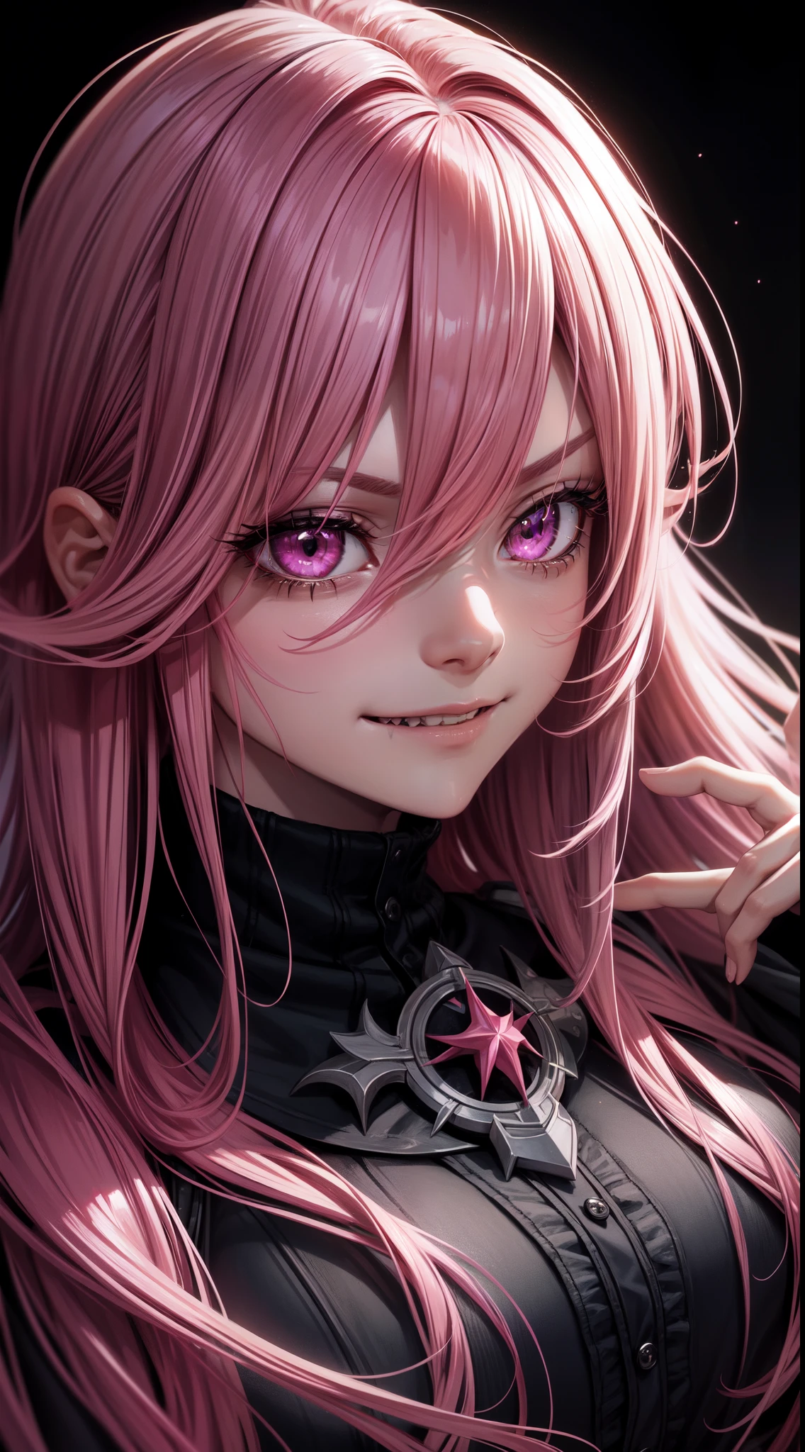 1girl, pink hair, long hair, hd quality, 4k, 8k,,eyes, face, , evil, dark, face, evil smirk, fangs, black background, face close up. dominant, dark, sideways, sideview, villain, hair clip,black horns, large breasts, mugshot, mug shot, jail photo