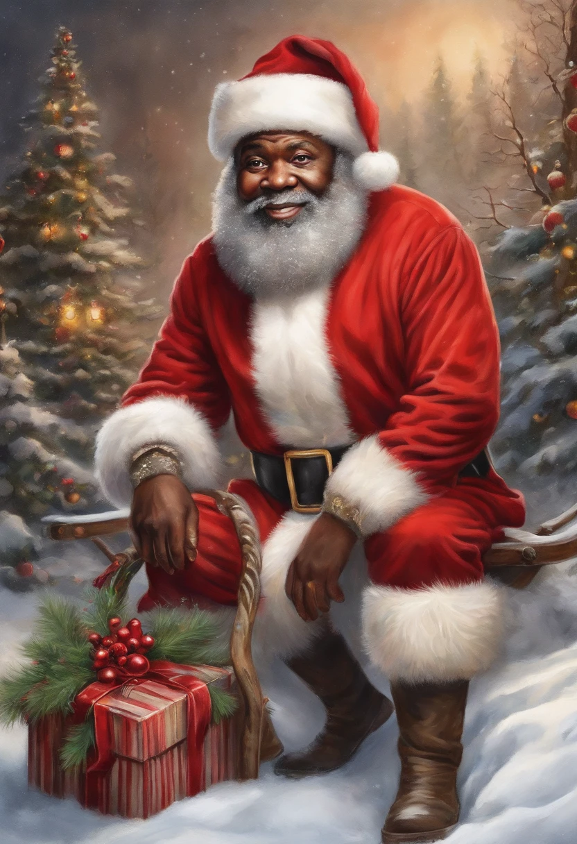 best quality, realistic, photorealistic, award-winning illustration, (intricate details: 1.2), (delicate detail), (intricate details), vintage black afro man as santa Claus standing next to a red car sleigh looking at camera, a photorealistic painting by Mac Conner, pexels, realism, character, the man is wearing a old red clothes and overalls, The background is a painting of Christmas aesthetic , creating a contrast between the realistic and the artistic elements of the image,8k
