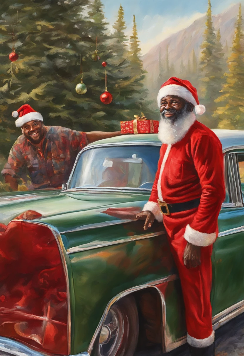 best quality, realistic, photorealistic, award-winning illustration, (intricate details: 1.2), (delicate detail), (intricate details), vintage black afro man as santa Claus standing next to a red car sleigh looking at camera, a photorealistic painting by Mac Conner, pexels, realism, character, the man is wearing a old red clothes and overalls, The background is a painting of Christmas aesthetic , creating a contrast between the realistic and the artistic elements of the image,8k