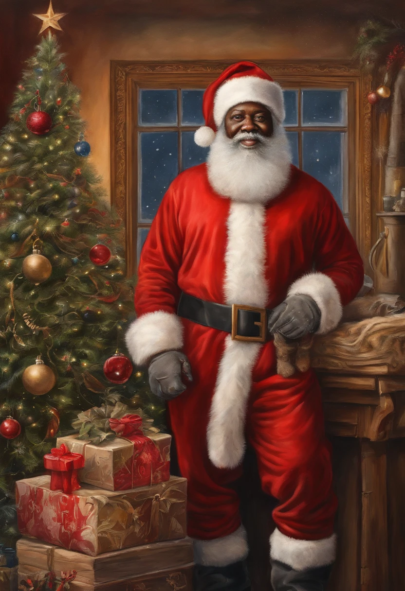 best quality, realistic, photorealistic, award-winning illustration, (intricate details: 1.2), (delicate detail), (intricate details), vintage black afro man as santa Claus standing next to a red car sleigh looking at camera, a photorealistic painting by Mac Conner, pexels, realism, character, the man is wearing a old red clothes and overalls, The background is a painting of Christmas aesthetic , creating a contrast between the realistic and the artistic elements of the image,8k