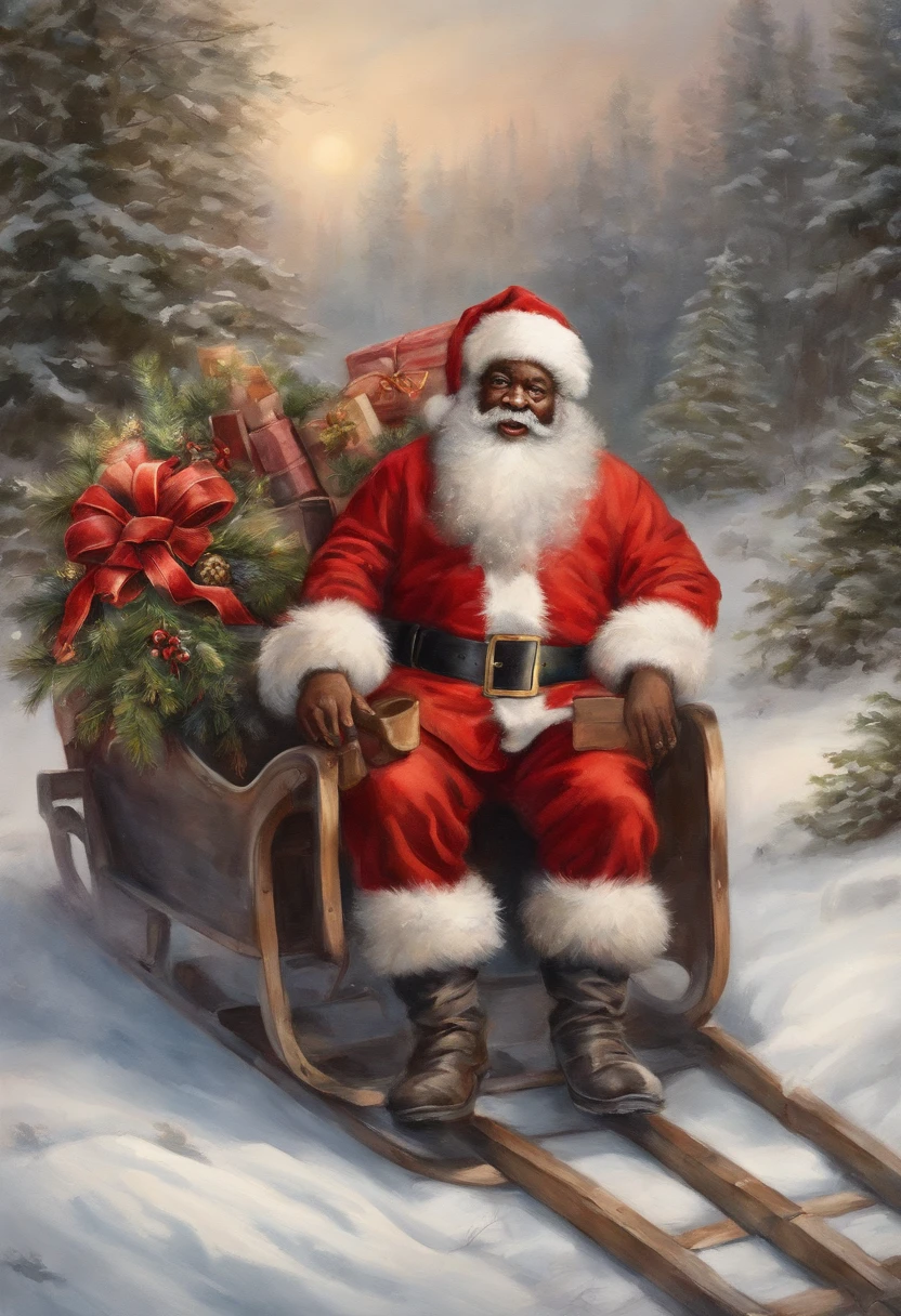 best quality, realistic, photorealistic, award-winning illustration, (intricate details: 1.2), (delicate detail), (intricate details), vintage black afro man as santa Claus standing next to a red car sleigh looking at camera, a photorealistic painting by Mac Conner, pexels, realism, character, the man is wearing a old red clothes and overalls, The background is a painting of Christmas aesthetic , creating a contrast between the realistic and the artistic elements of the image,8k