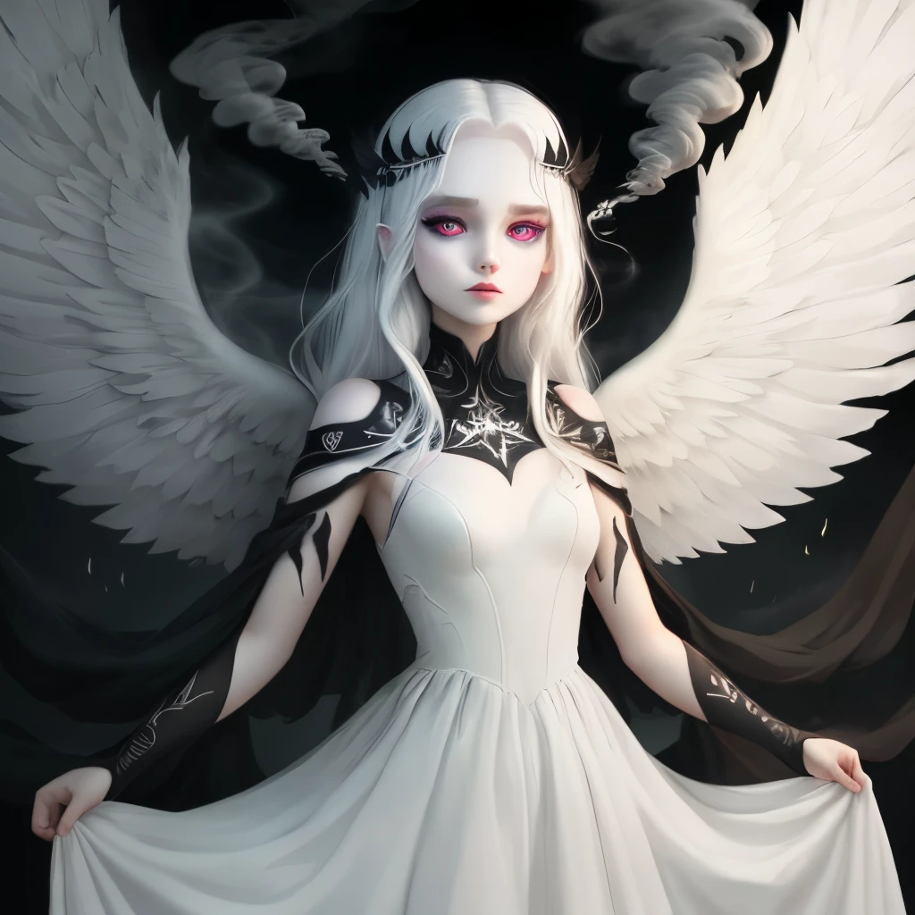 -wings made of strange kind of black fog or smoke.
-eyes: black sclera, white iris, white pupils
-hair: long, white
-skin: very pale
-black star symbols on my arms
-wearing a white dress