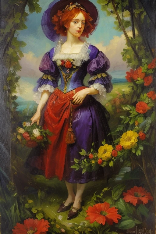 very beautiful woman with red hair and a purple dress with a bouquet of flowers in her hands, portraite of a, inspired by Floris van Dyck, Flickr Contest Winner, pre-raphaelitism, Fine Arts Portrait Photography, In the style of the High Renaissance, in a renaissance style, Pre-Raphaelite style, Portrait of the Renaissance, Romanticism Portrait, color portrait, baroque portrait, Monia Merlo Placeholder Image