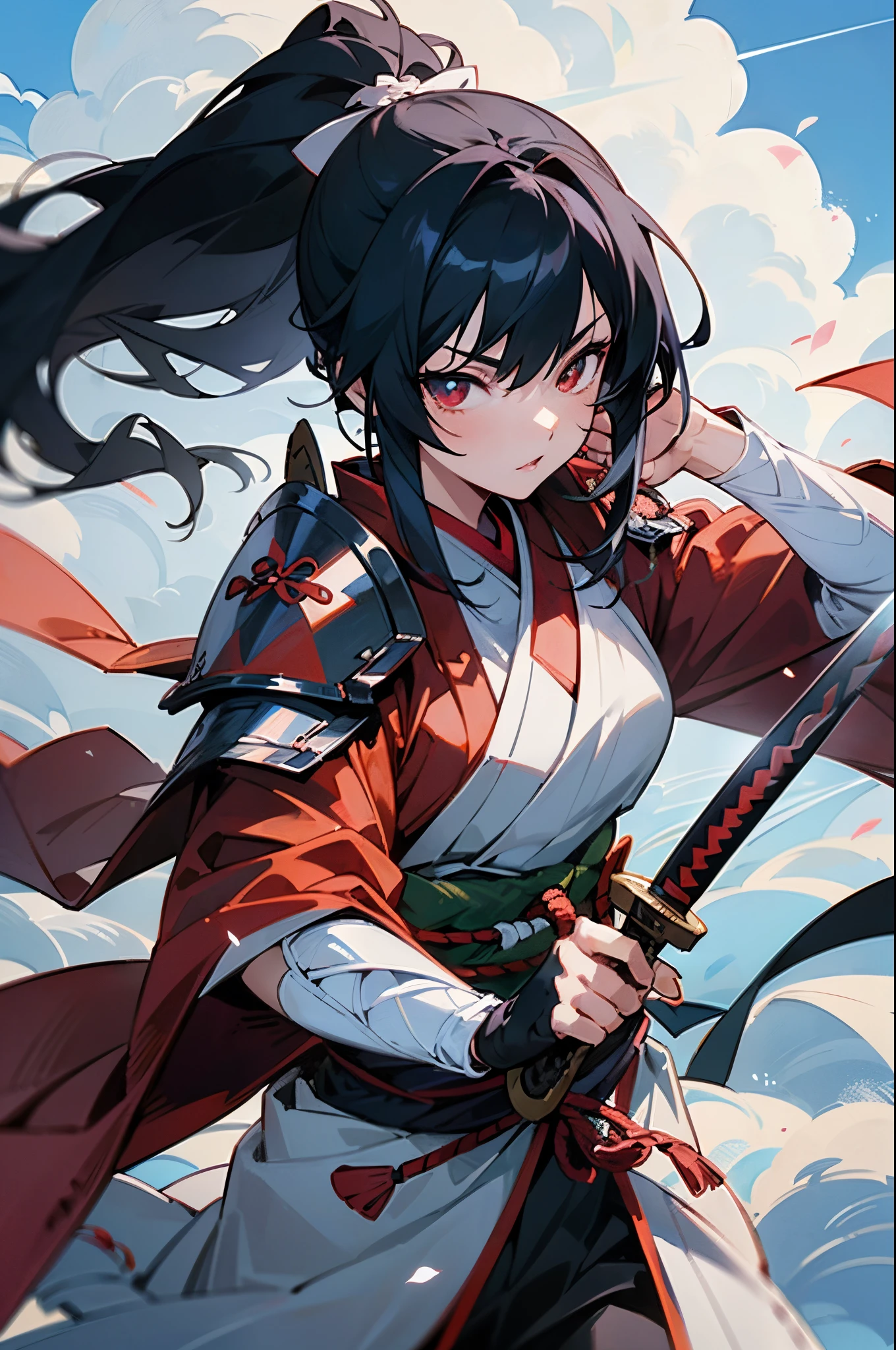 (Anime character wearing a dress with Japanese armor),( has a sword in his left arm), 1girl in, (Female anime samurai warrior fighting with sword on blue background with clouds),(Deep scarlet eyes), Solo,Kimono. Ponytail, (Kimono),holding weapon, ((holding samurai sword)), Long Black Hair, redribbon,(Dynamic action)