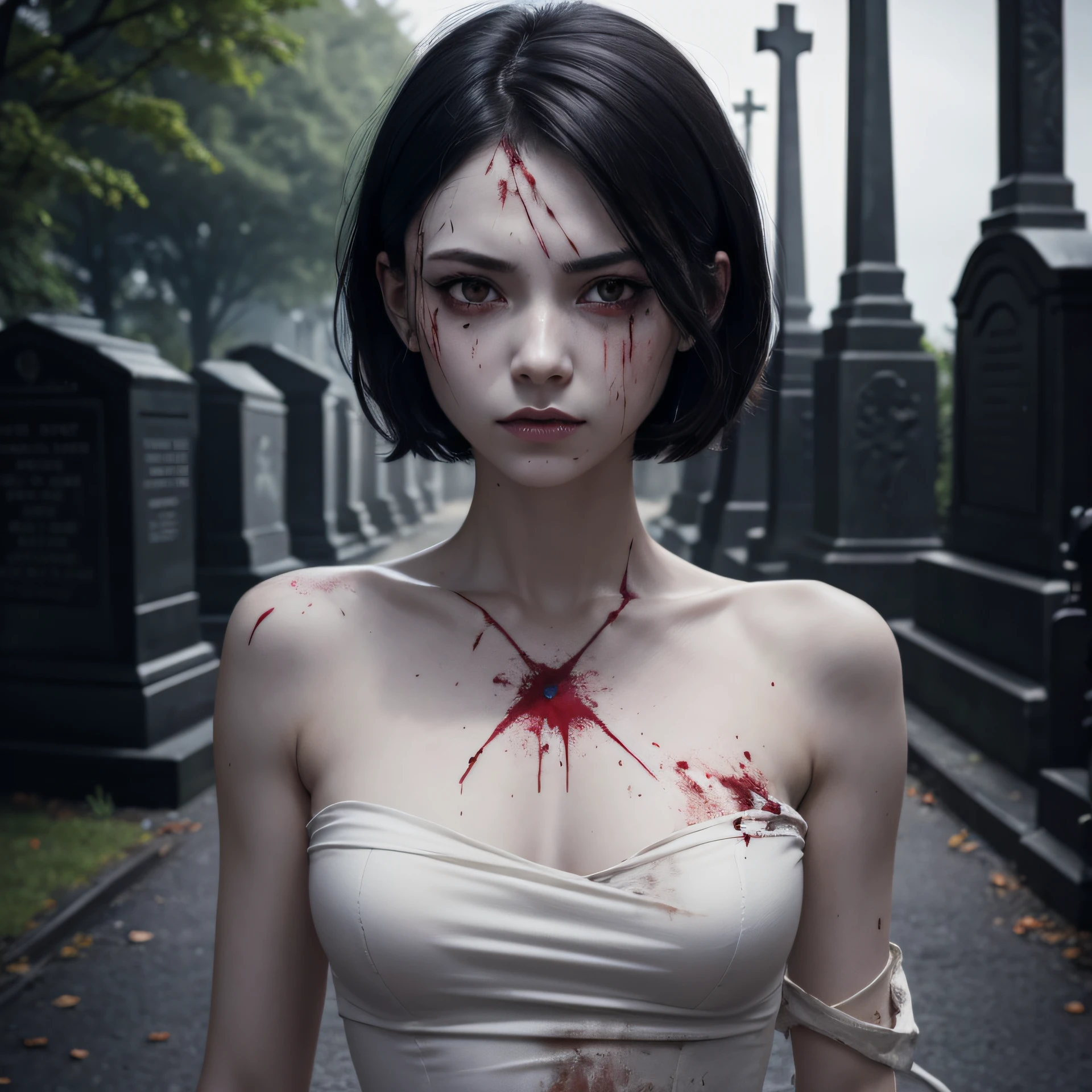 corpse, sinister, female, thin, pale, looking at the camera, ultra realistic, fully detailed, cemetery environment, bright eyes, white dress torn and stained with blood, bones exposed, putrid wounds, sensual, terrifying, bruised by the body, exposed fracture in the collarbone, slight smile, super detailed, black short hair, blood and wounds, stab wounds on body, dirty clothes