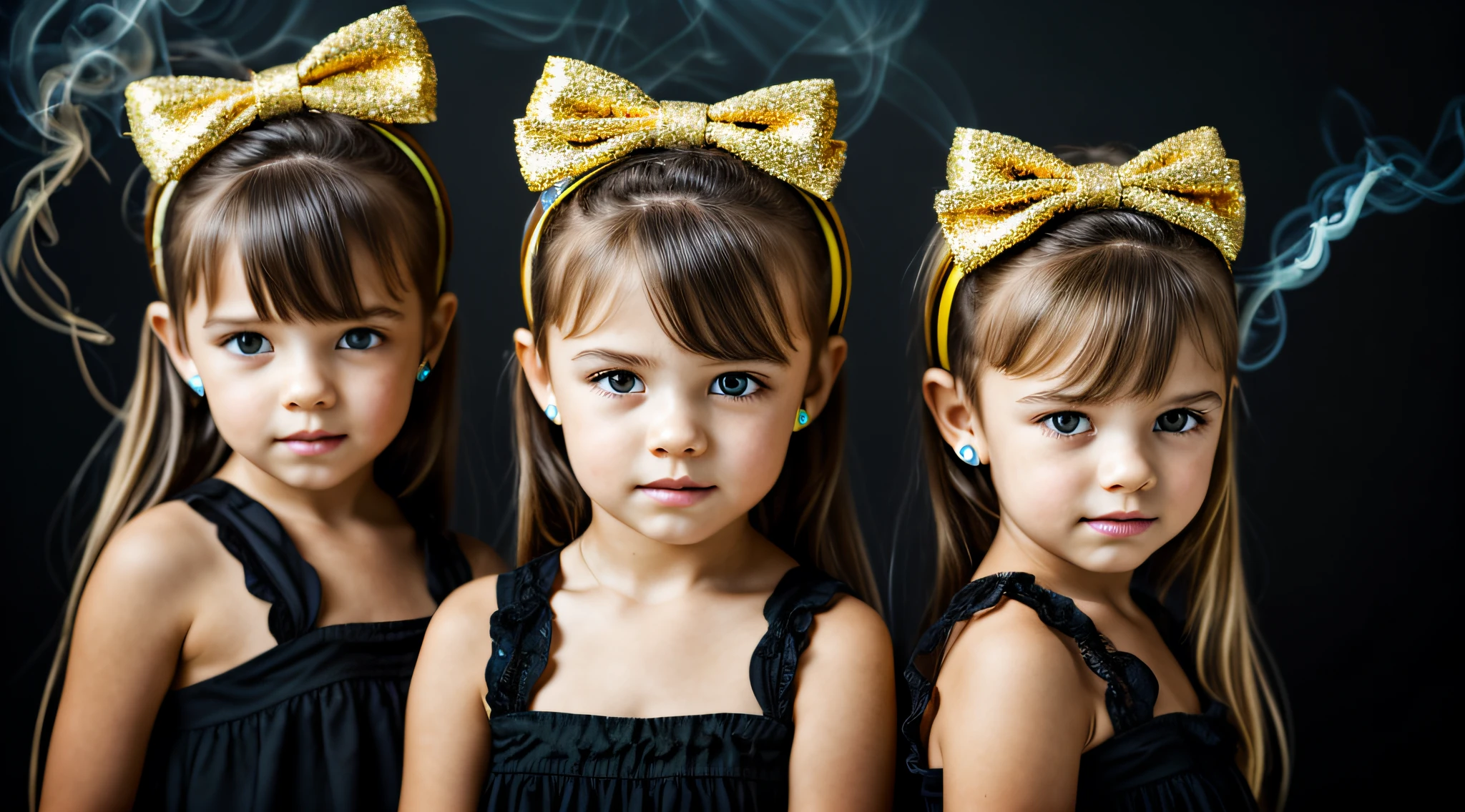 BLACK BACKGROUND. two girls S BLONDE GOLD BRAIDS WITH LONG HAIR with bows on the head AND HEADPHONE and one wearing BLACK dress, FONES DE OUVIDO FOGO E FOGO. GREEN Smoke Billowing GREEN, portrait of twins twins, faixa de cabelo AMARELO,