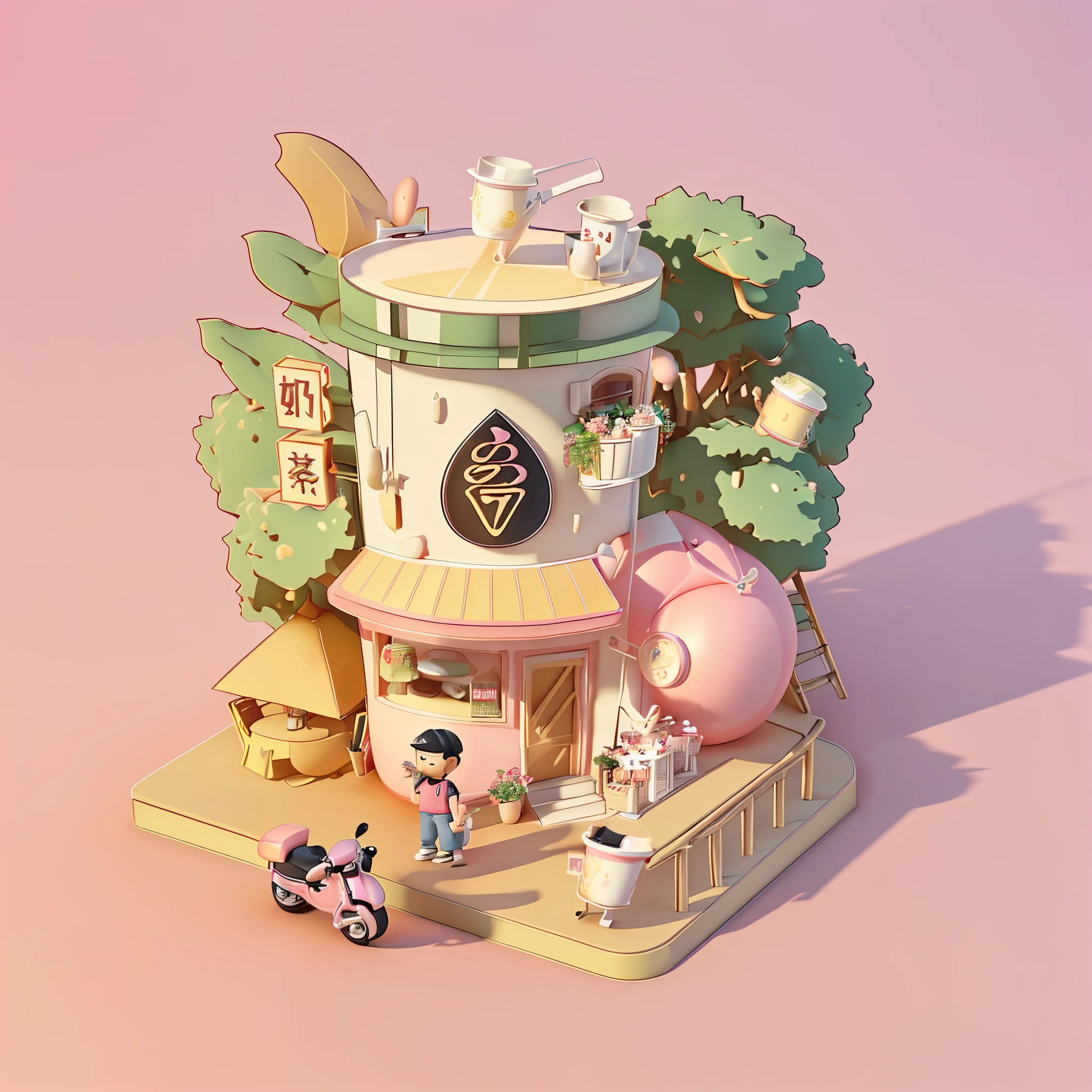 high qulity,32K,Perfect light and shadow,Official picture,A milk tea cup with,Milk tea house,Pink peaches,Delivery boy,the motorcycle,。.。.3Drenderingof,。.。.3D,isometry,C4D,Popmart blind box,