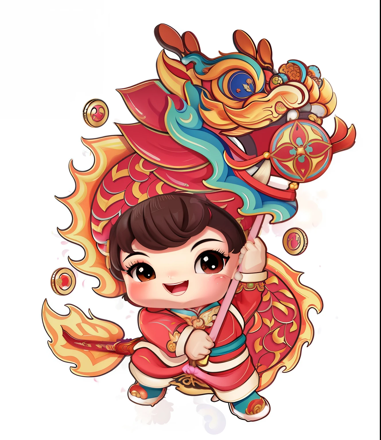 Cartoon girl in colorful uniform with dragon head holding sword, Inspired by Puhua, A beautiful artistic illustration, Inspired by Plum Tree, rossdraws cartoon vibrant, Inspired by Zhu Lian, ChineseGirl, jc leyendecker and sachin teng, an ancient Chinese goddess, bian lian, Similar to Deng Sachin style, Chinese mythology, Official illustration, Chinese outfit