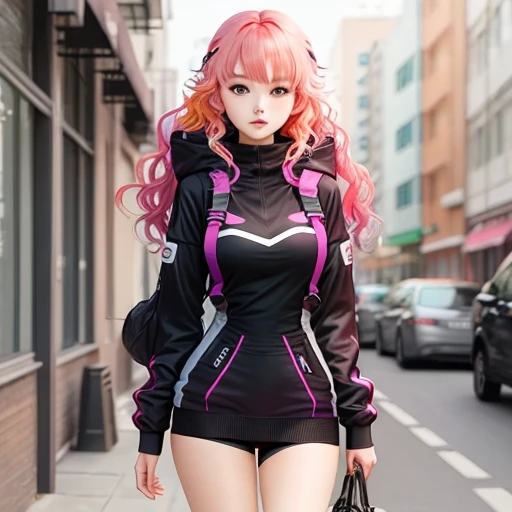 Sexy anime girl with colorful eyes and hair, tight revealing clothes