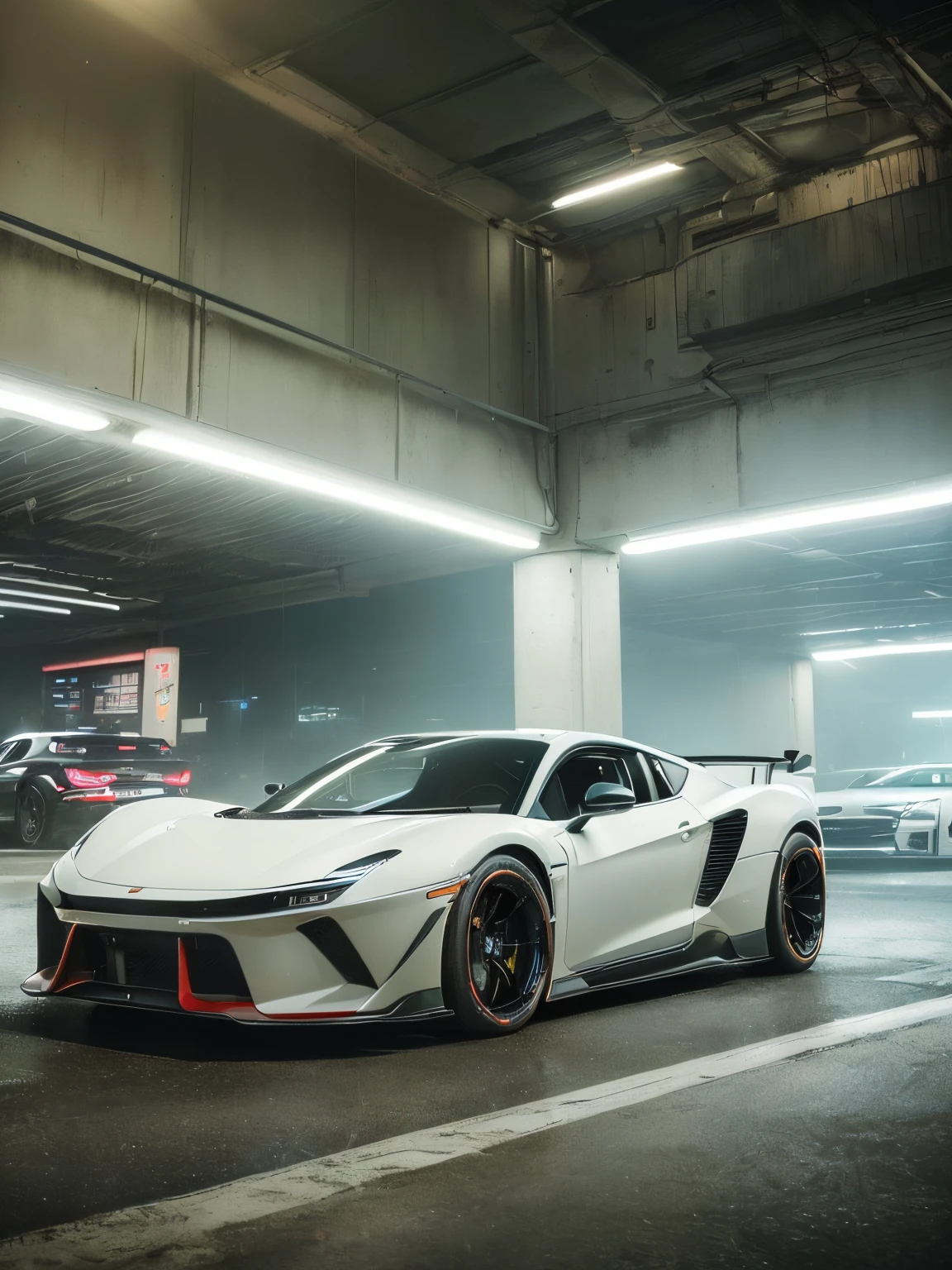 ((​masterpiece、top-quality、realisitic、ultra-detailliert、hight resolution、Photorealsitic、foco nítido、photographrealistic、Raw photography、lighting like a movie))、car park、((Futuristic Cyberpunk Hot Rod))、(With glowing tires)、3/4Front view、Cool car
